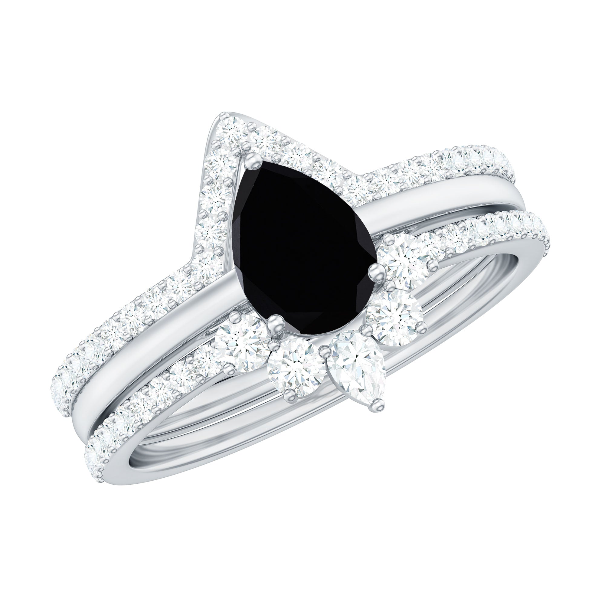 6X8mm Pear Shaped Black Onyx Engagement Ring With Ring Guards AAA - Rosec Jewels