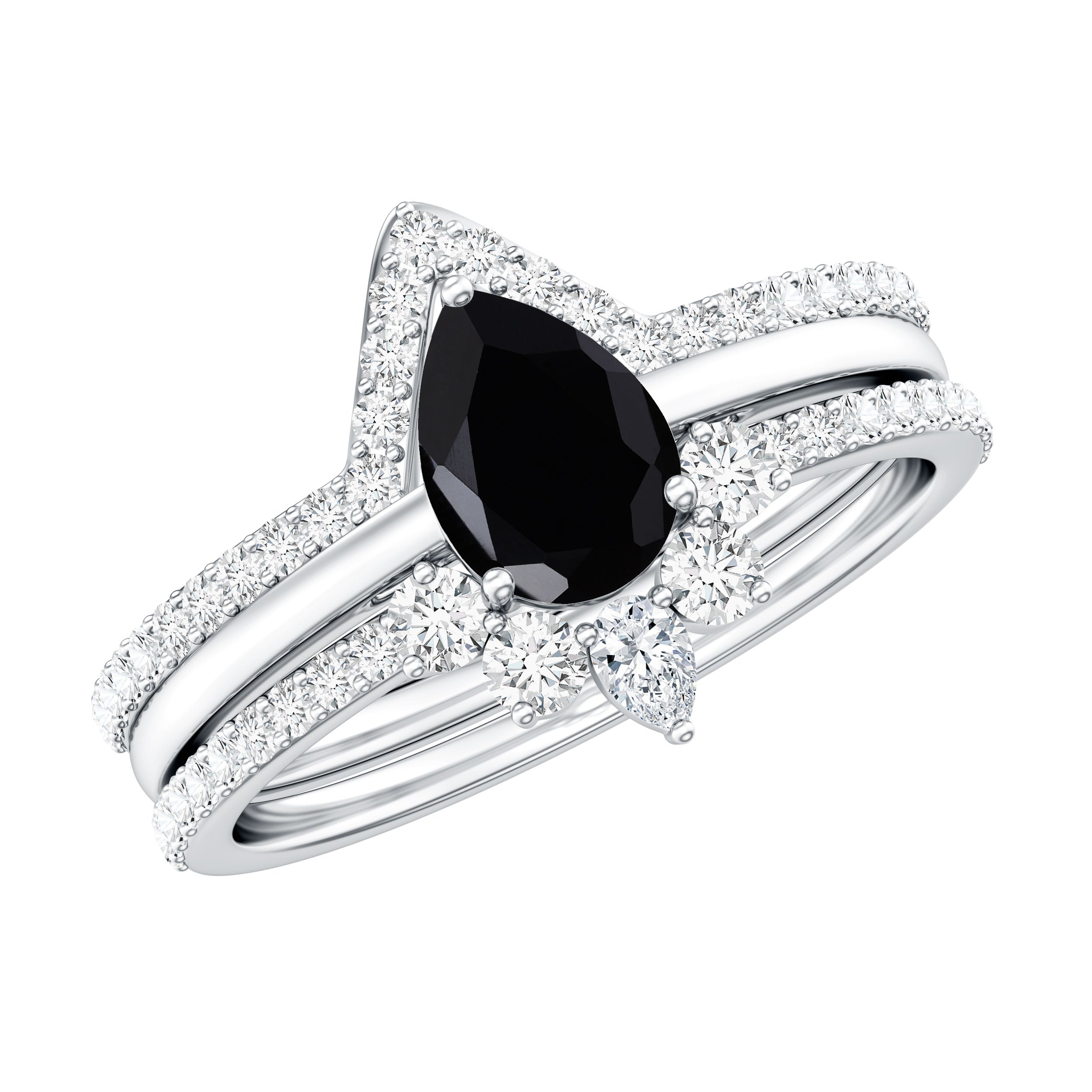 Certified 0.6 Carat Natural Black Spinel 3 Piece Wedding Ring Set with Moissanite AAA - Rosec Jewels