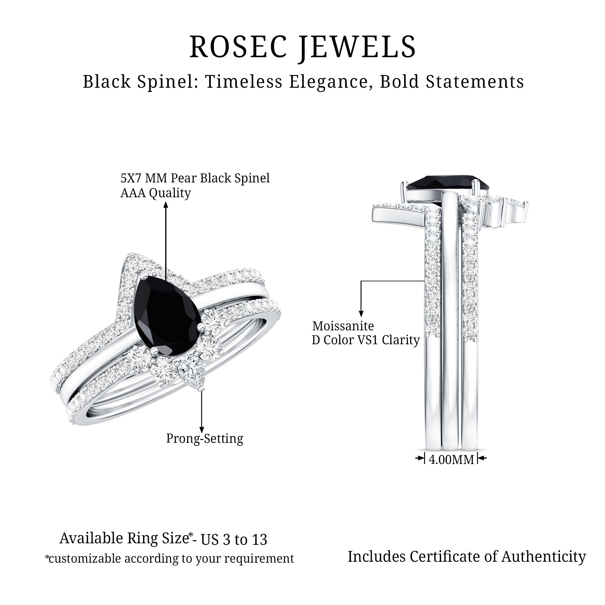 Certified 0.6 Carat Natural Black Spinel 3 Piece Wedding Ring Set with Moissanite AAA - Rosec Jewels