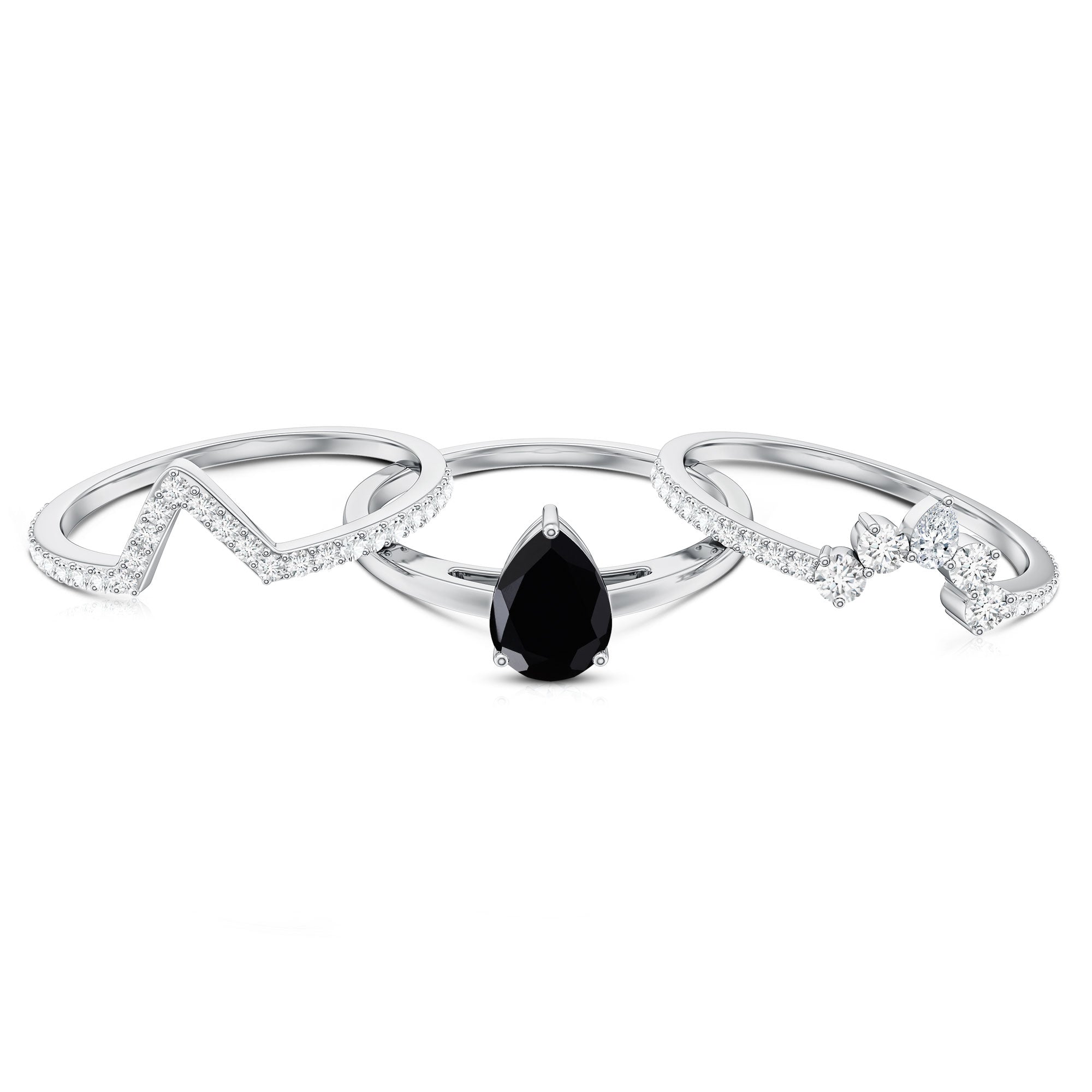 Certified 0.6 Carat Natural Black Spinel 3 Piece Wedding Ring Set with Moissanite AAA - Rosec Jewels