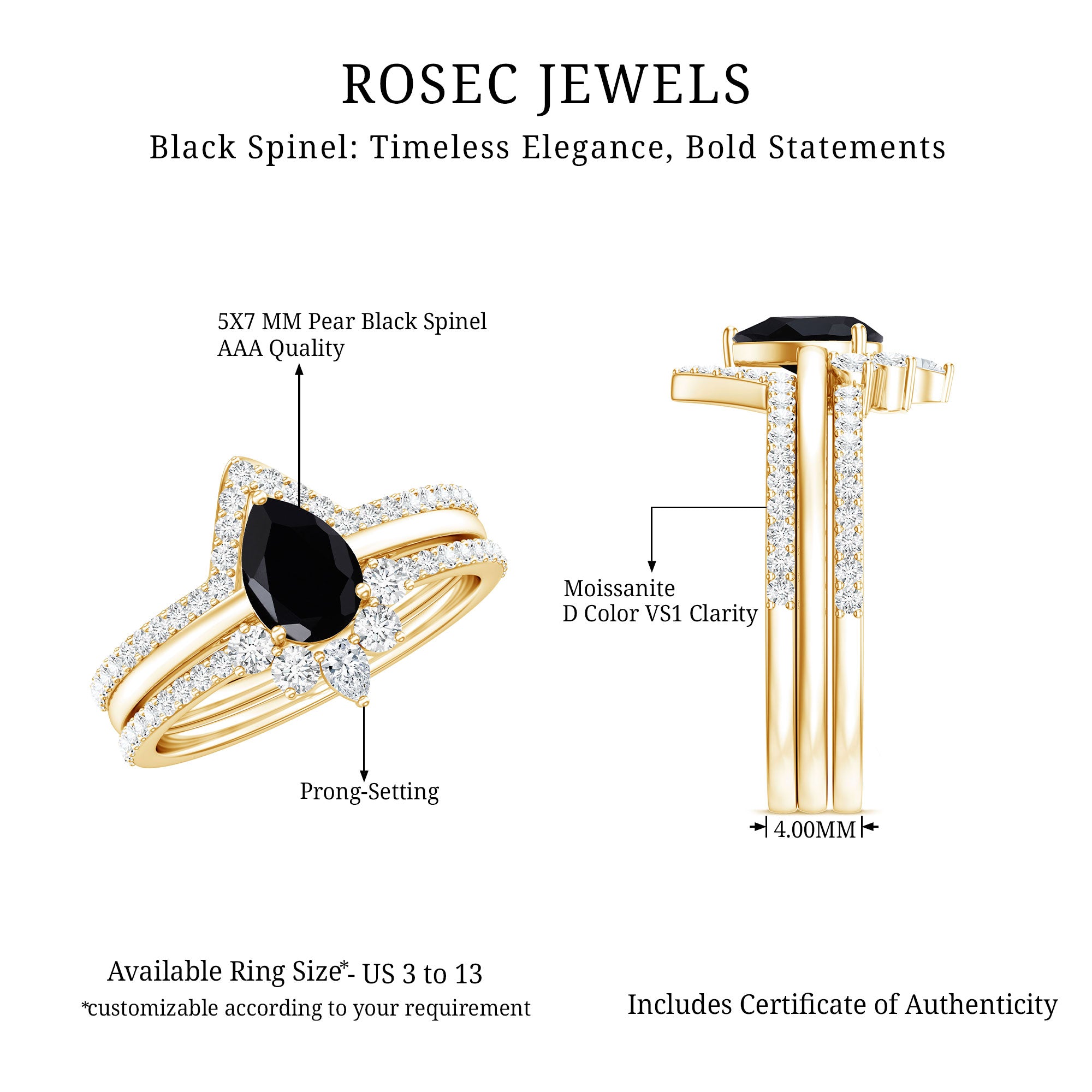 Certified 0.6 Carat Natural Black Spinel 3 Piece Wedding Ring Set with Moissanite AAA - Rosec Jewels