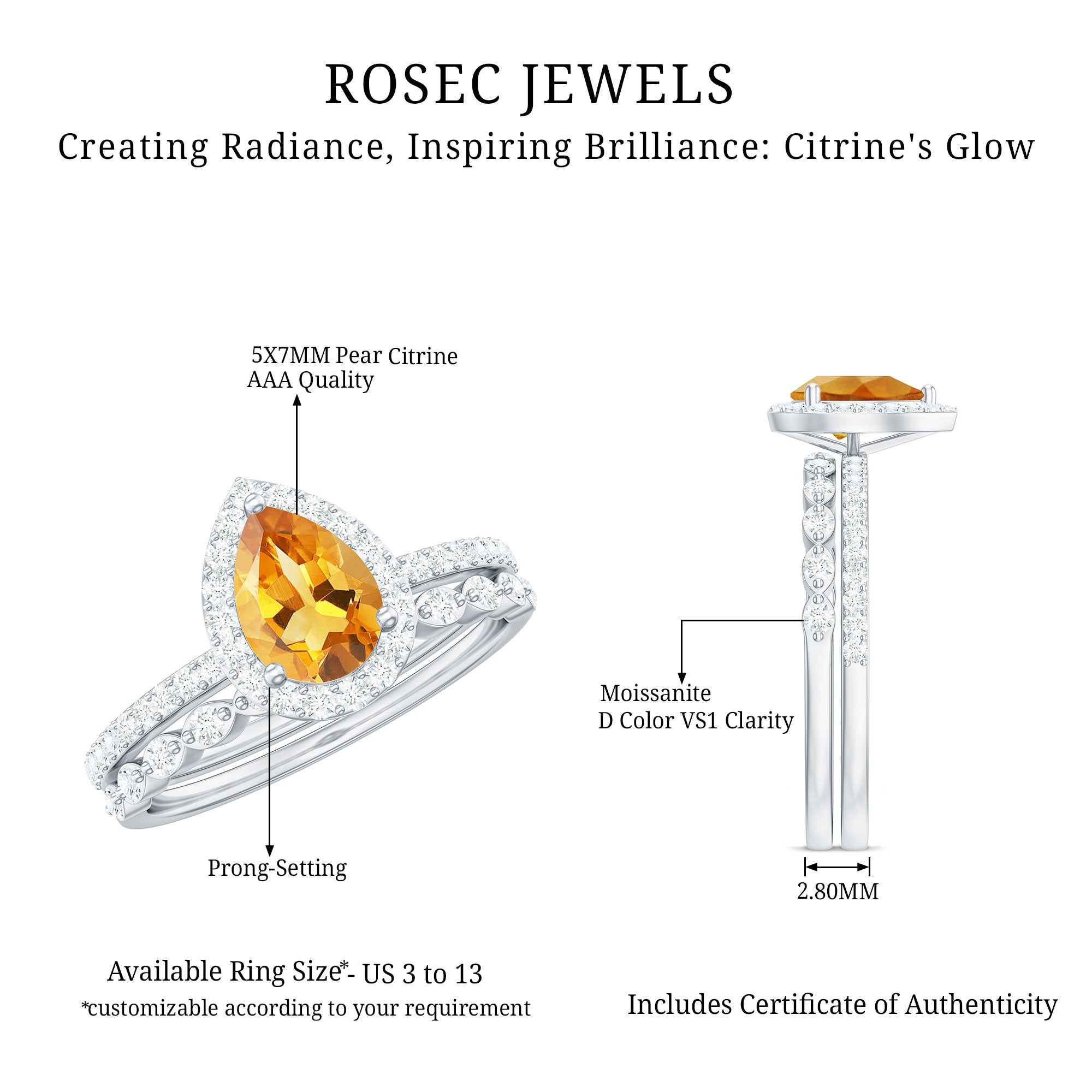 Real 0.6 Carat Citrine Teardrop Bridal Ring Set with Diamond AAA - Rosec Jewels