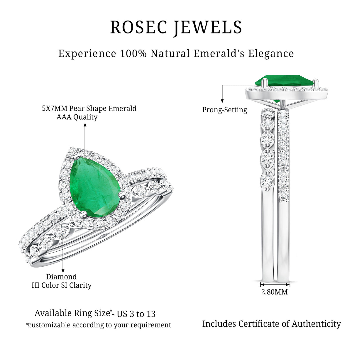 Natural Emerald Diamond Teardrop Engagement Ring and Wedding Band Set AAA - Rosec Jewels