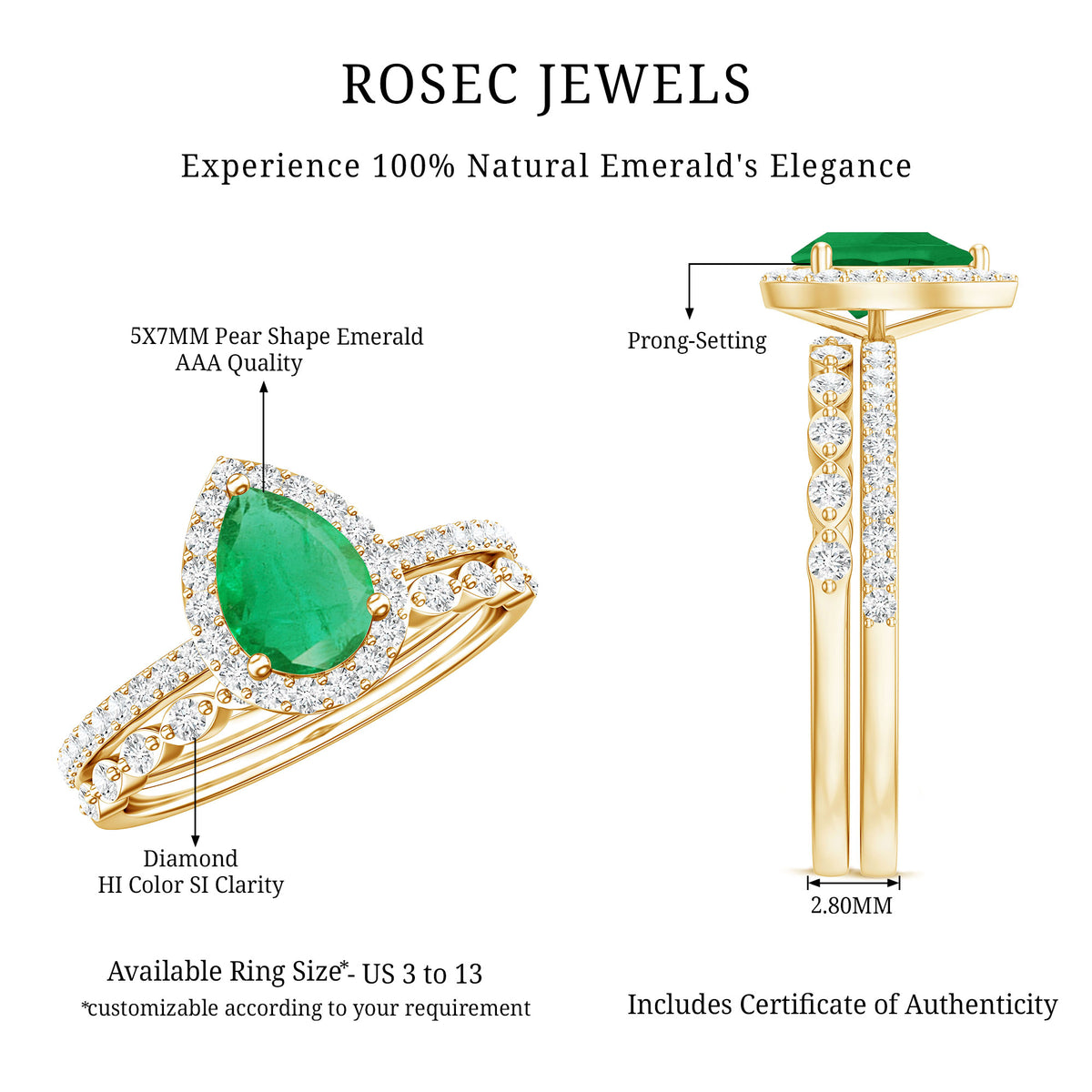 Natural Emerald Diamond Teardrop Engagement Ring and Wedding Band Set AAA - Rosec Jewels