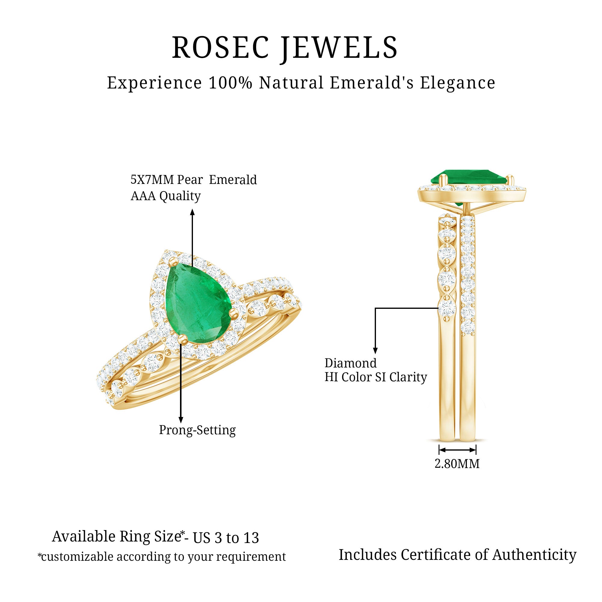 Natural Emerald Diamond Teardrop Engagement Ring and Wedding Band Set AAA - Rosec Jewels
