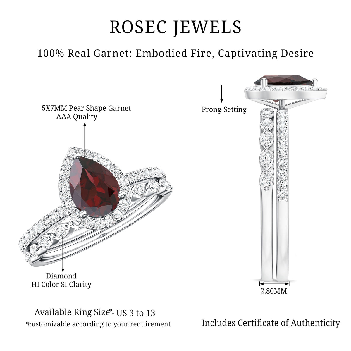 Natural 0.8 Carat Pear Shape Garnet Wedding Engagement Ring Set of 2 AAA - Rosec Jewels