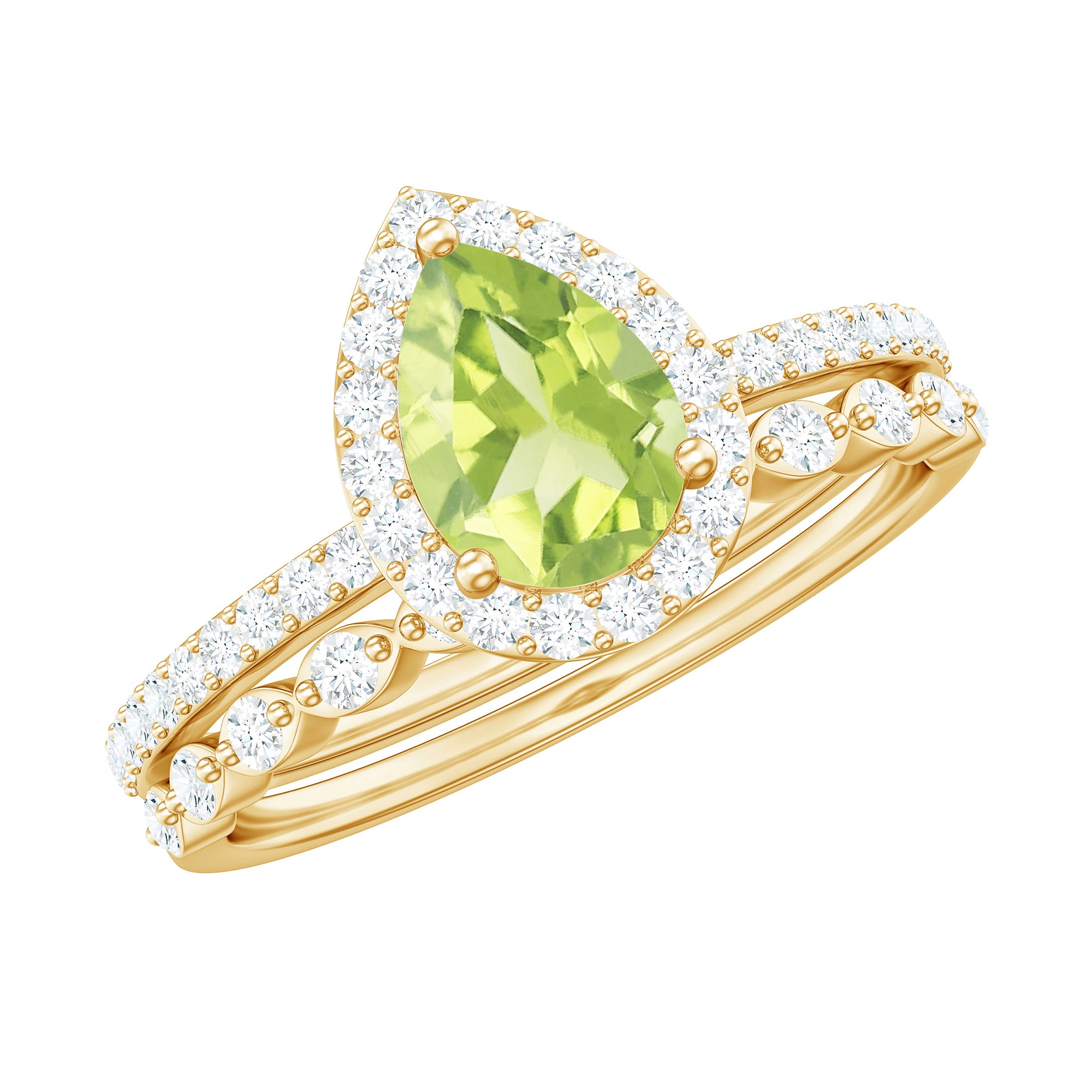 Natural 1 Carat Pear Shape Peridot Wedding Bridal Ring Set with Diamond AAA - Rosec Jewels