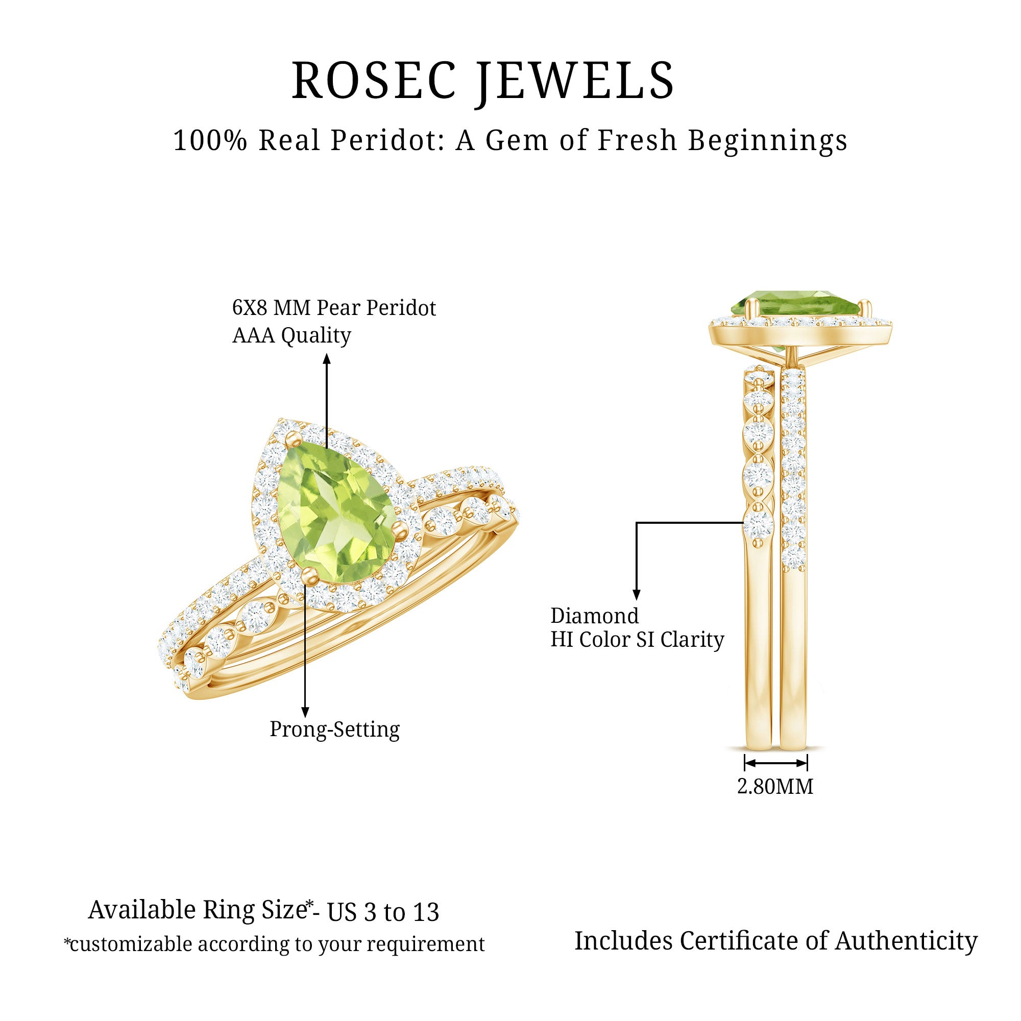 Natural 1 Carat Pear Shape Peridot Wedding Bridal Ring Set with Diamond AAA - Rosec Jewels
