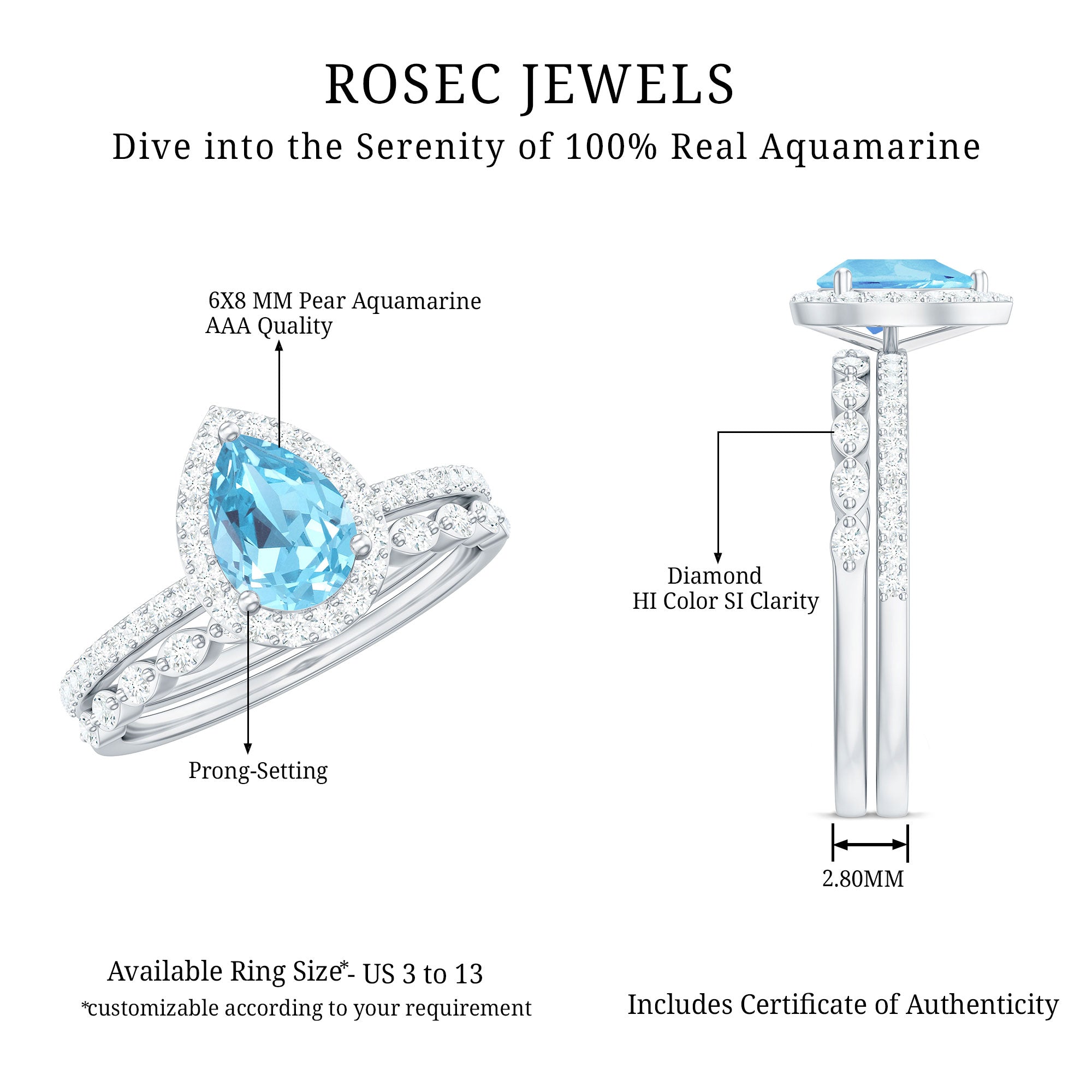 Genuine 1 Carat Aquamarine Bridal Ring Set with Diamond AAA - Rosec Jewels