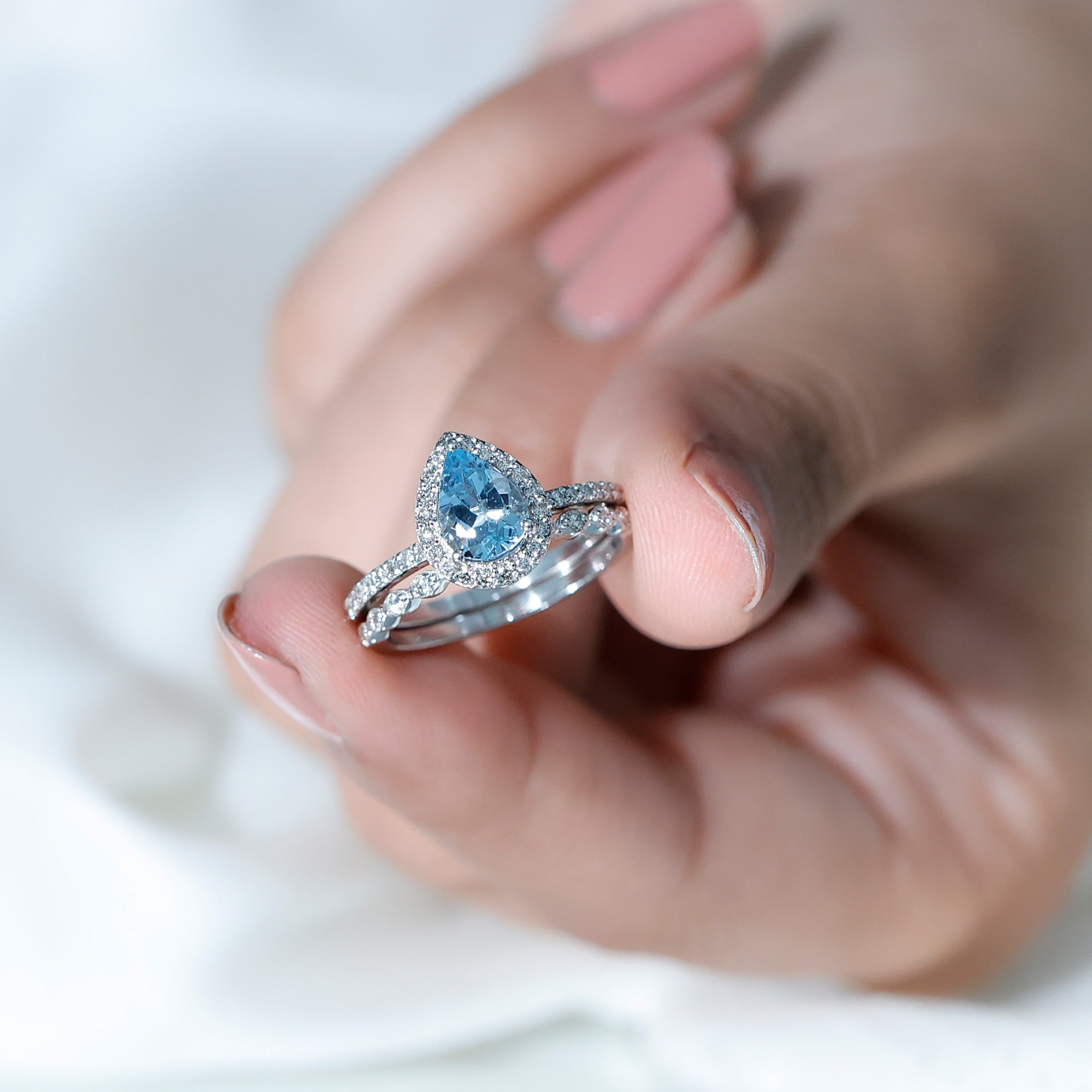 Genuine 1 Carat Aquamarine Bridal Ring Set with Diamond AAA - Rosec Jewels