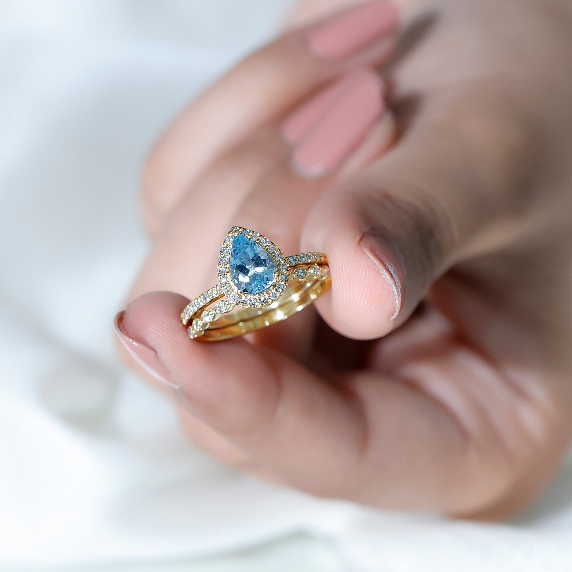 Genuine 1 Carat Aquamarine Bridal Ring Set with Diamond AAA - Rosec Jewels