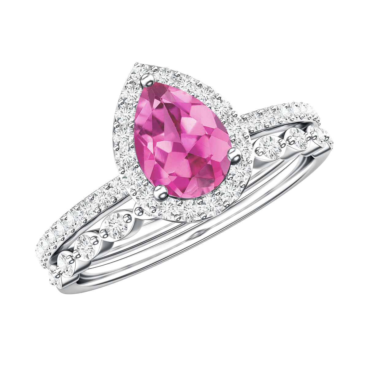 Teardrop Pink tourmaline Bridal Ring Set with Diamond AAA - Rosec Jewels