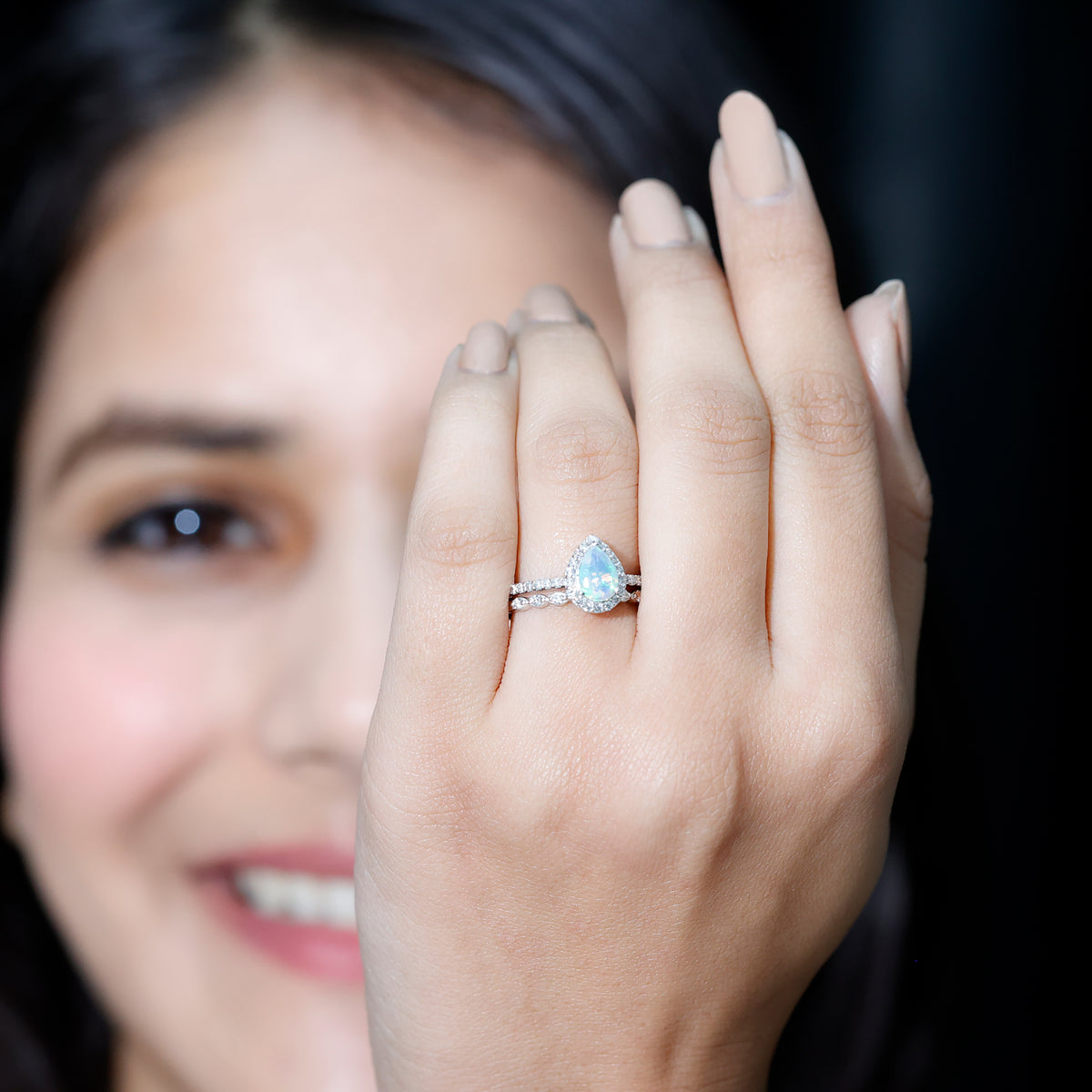 Natural Ethiopian Opal Diamond Pear Shaped Engagement Ring and Wedding Band Set AAA - Rosec Jewels