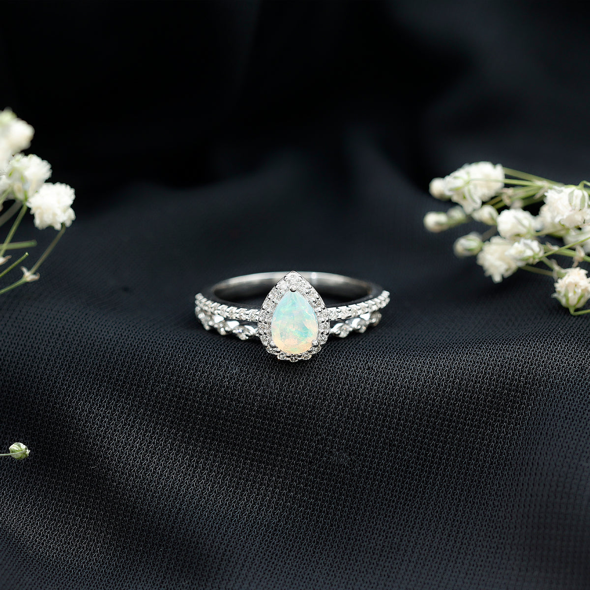 Natural Ethiopian Opal Diamond Pear Shaped Engagement Ring and Wedding Band Set AAA - Rosec Jewels