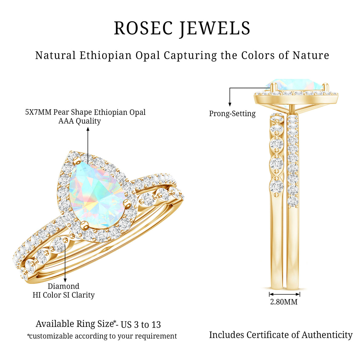 Natural Ethiopian Opal Diamond Pear Shaped Engagement Ring and Wedding Band Set AAA - Rosec Jewels