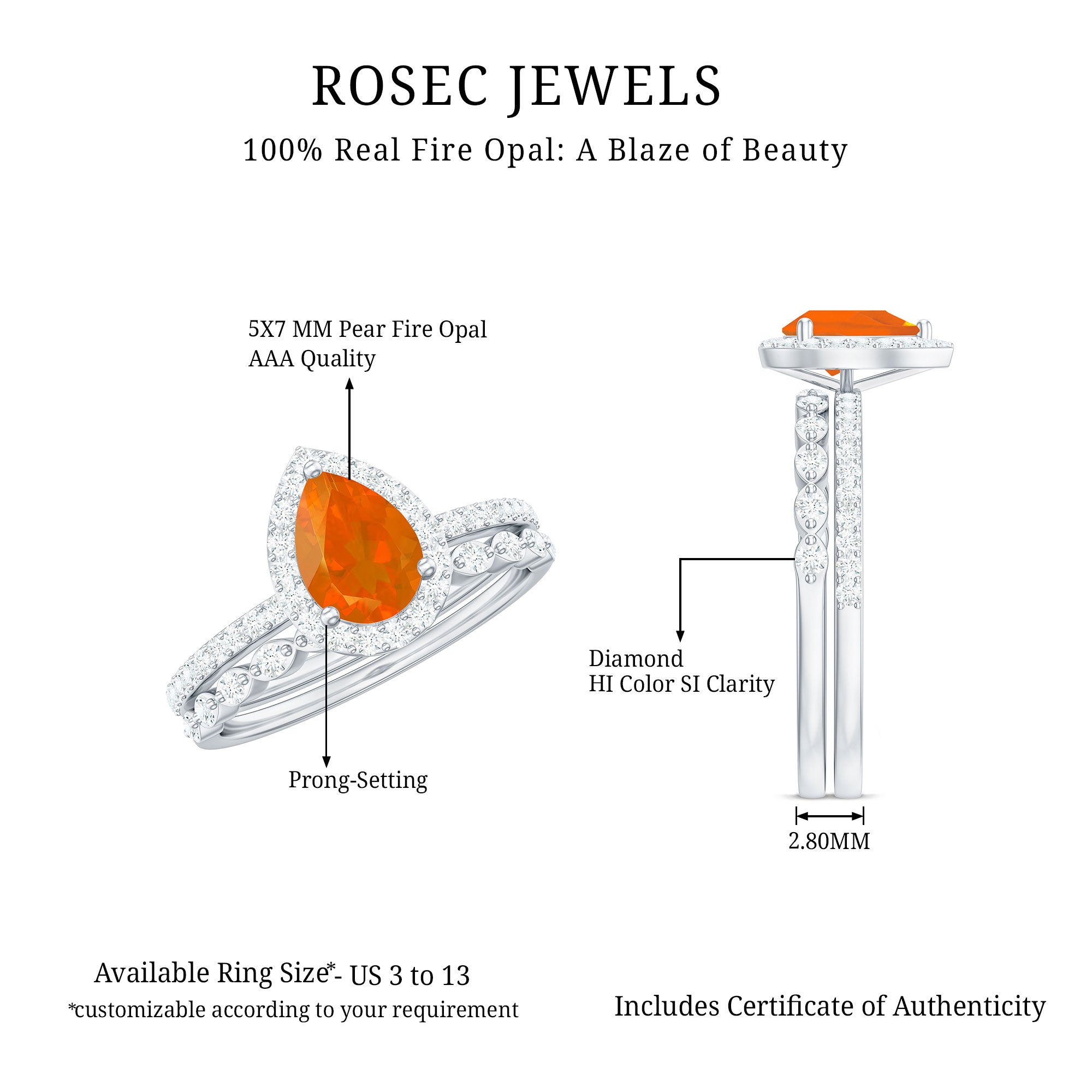 Rosec Jewels-Teardrop Fire Opal Bridal Ring Set with Diamond