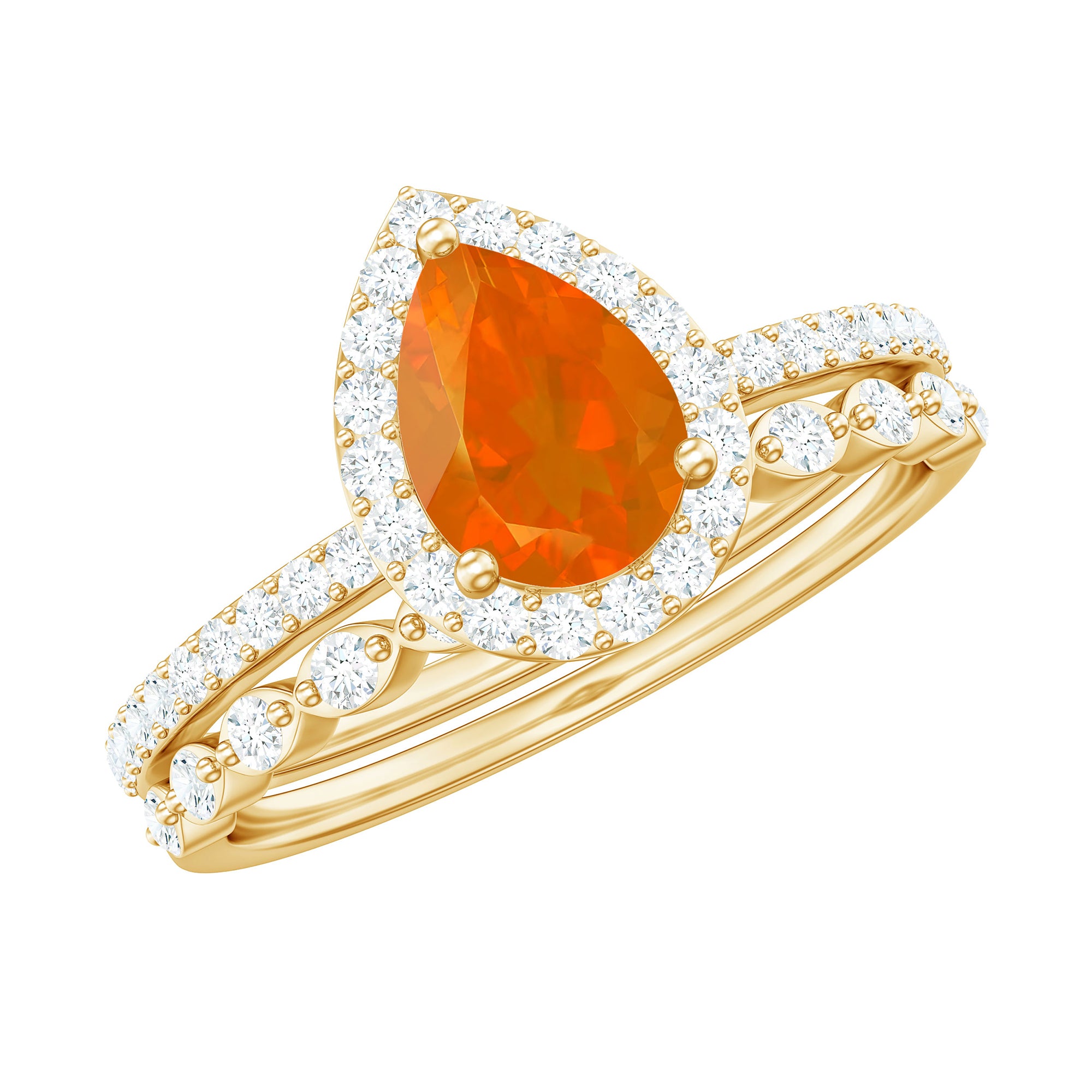 Rosec Jewels-Teardrop Fire Opal Bridal Ring Set with Diamond