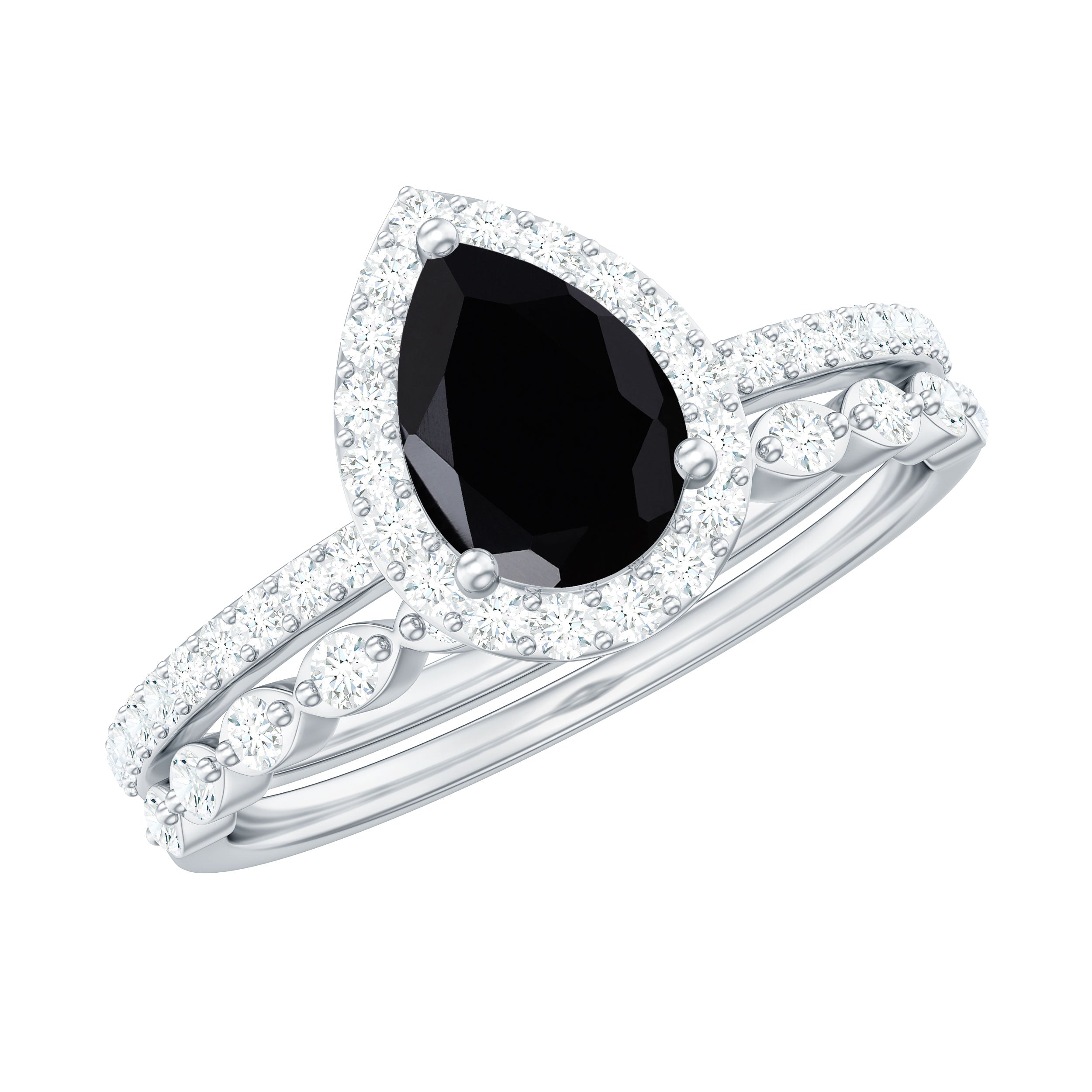 Pear Shaped Black Onyx and Diamond Halo Bridal Ring Set With Certificate
