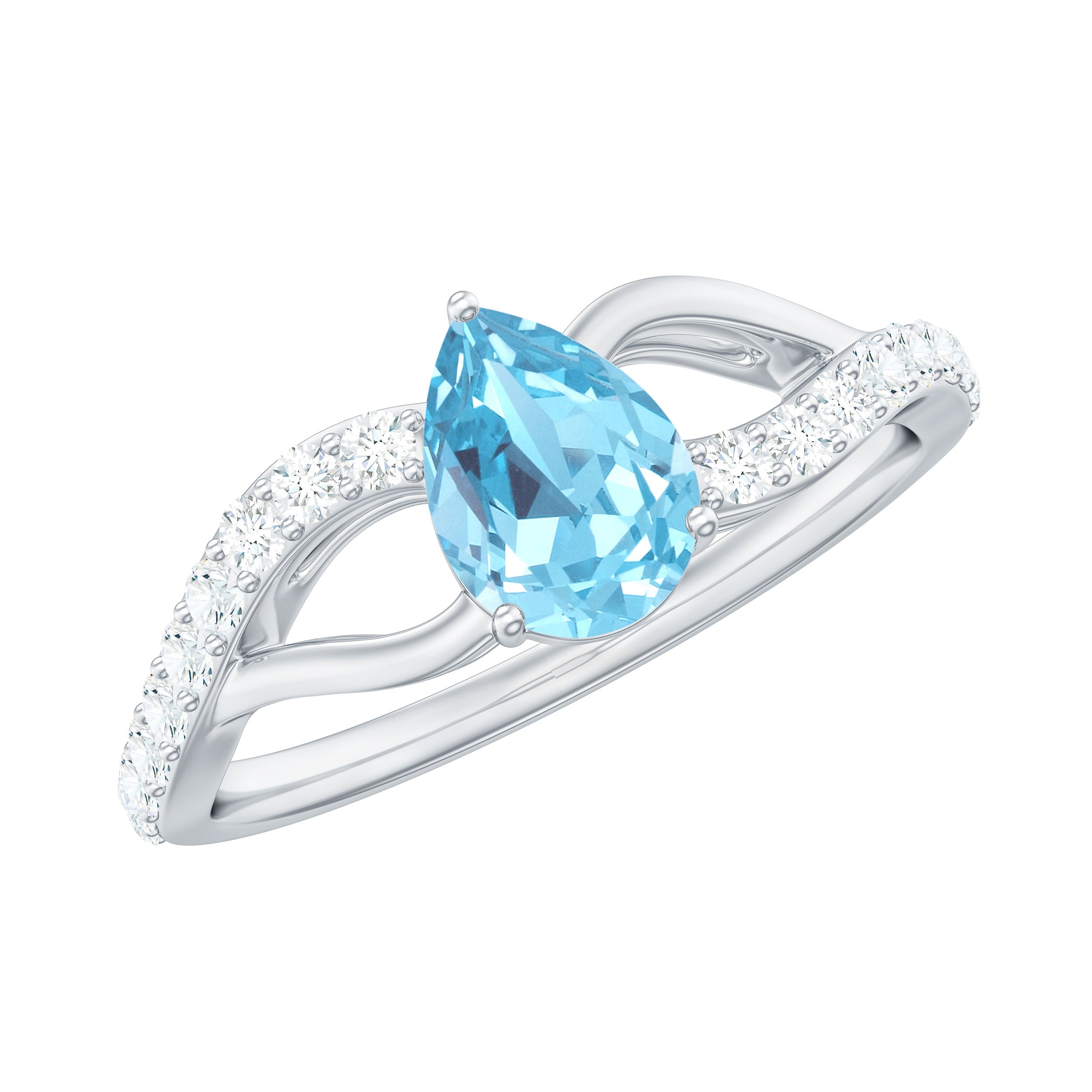Split Shank Pear Cut Aquamarine Solitaire Ring with Diamond