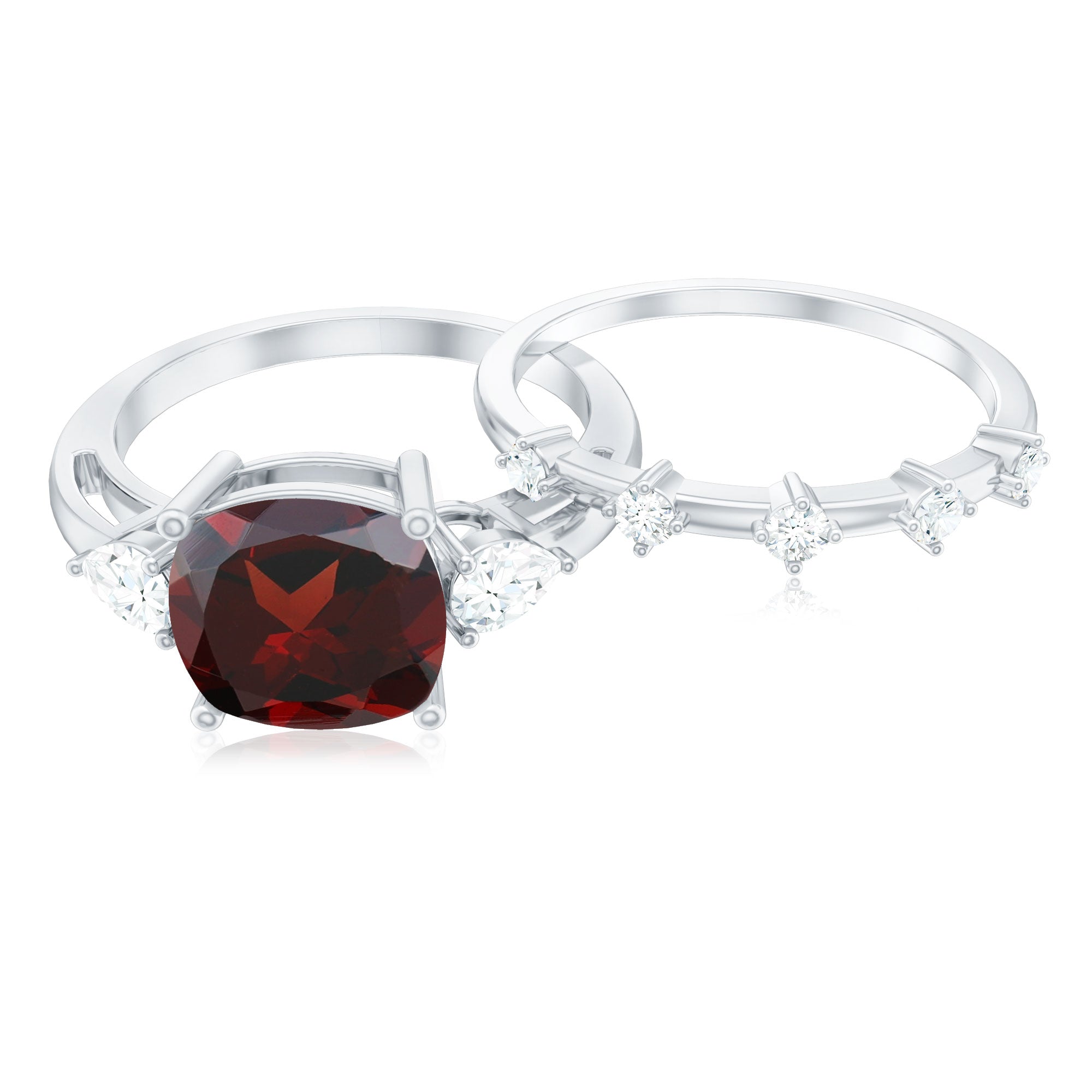 Natural 8 mm Cushion Cut Garnet Diamond Wedding Bridal Ring Set AAA - Rosec Jewels