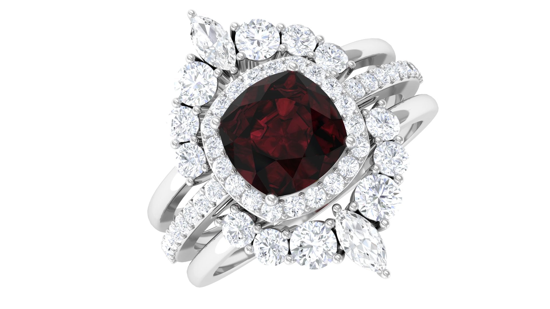 Natural 8mm Cushion Cut Garnet Statement Bridal Ring Set AAA - Rosec Jewels