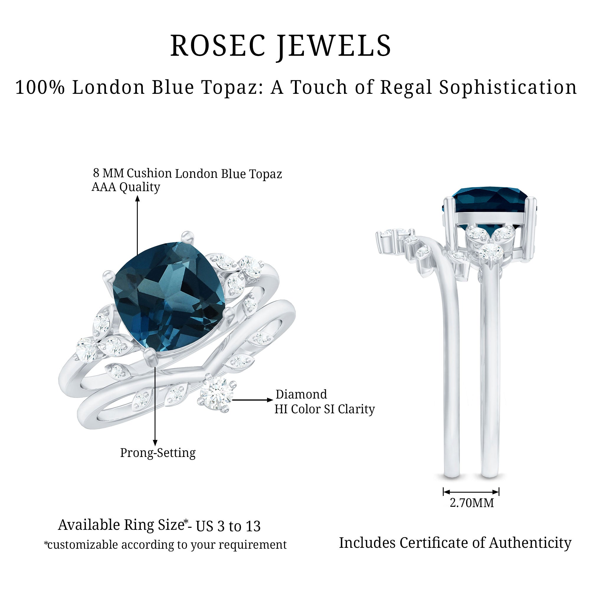 Vintage London Blue Topaz and Diamond Engagement Ring Set AAA - Rosec Jewels