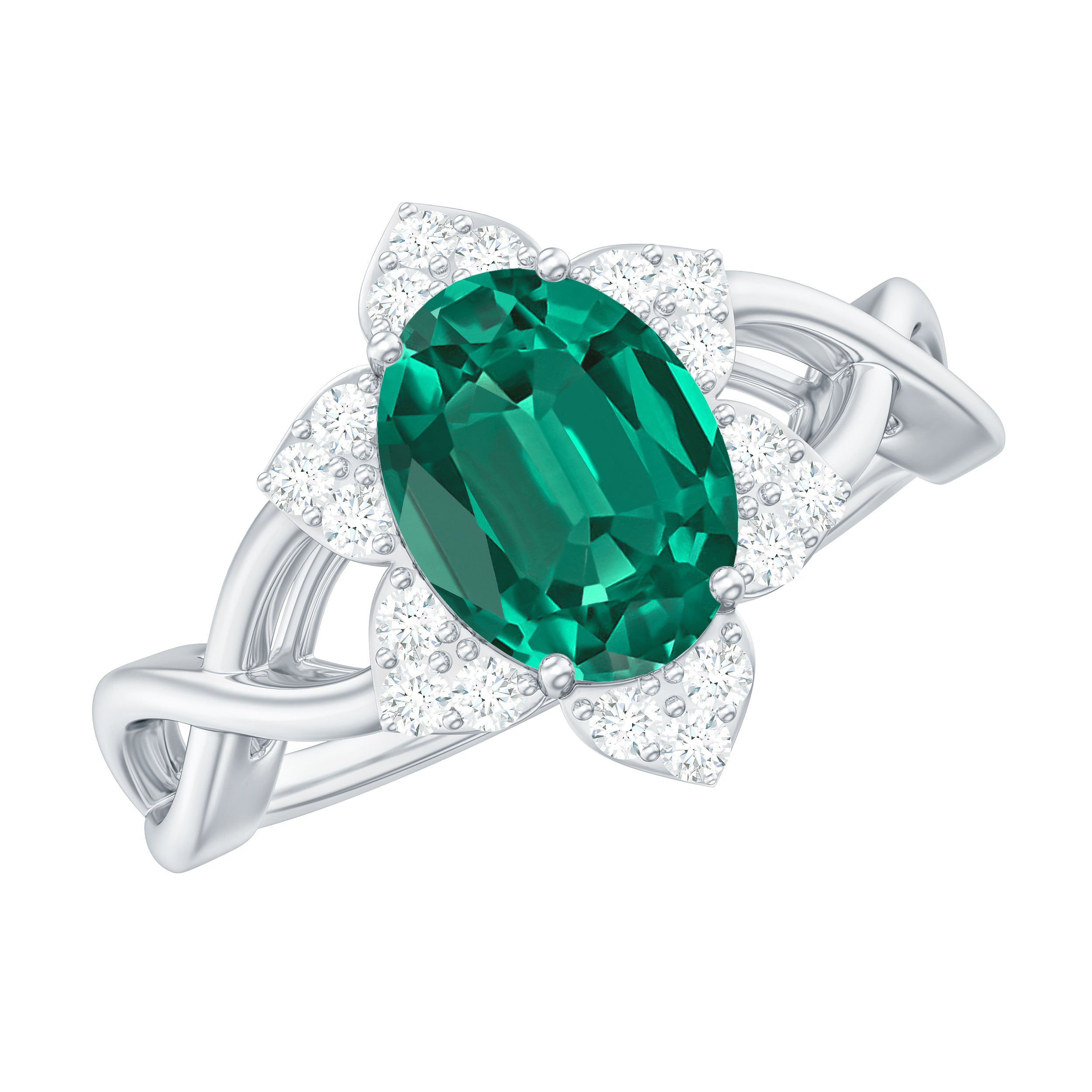 Certified Oval Lab Grown Emerald Diamond Flower Engagement Ring with Crossover Shank