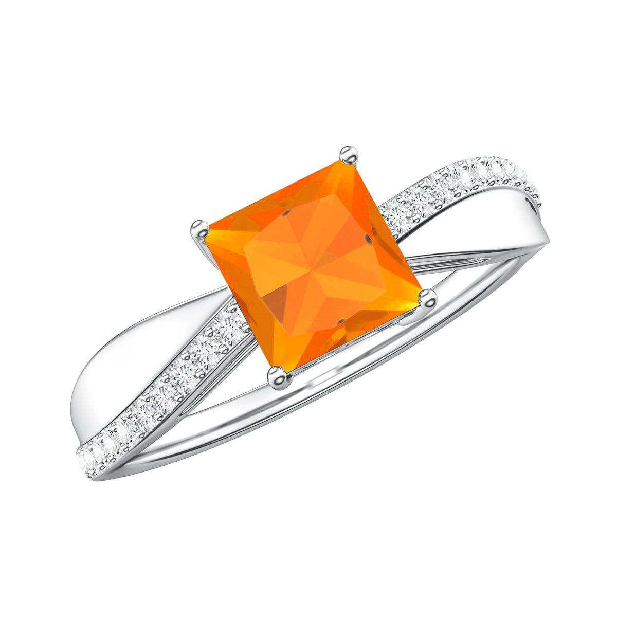 Princess Cut Fire Opal Solitaire Engagement Ring with Diamond AAA - Rosec Jewels