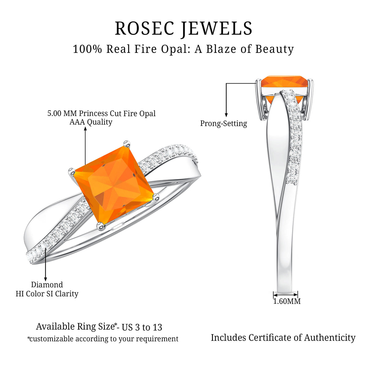 Princess Cut Fire Opal Solitaire Engagement Ring with Diamond AAA - Rosec Jewels