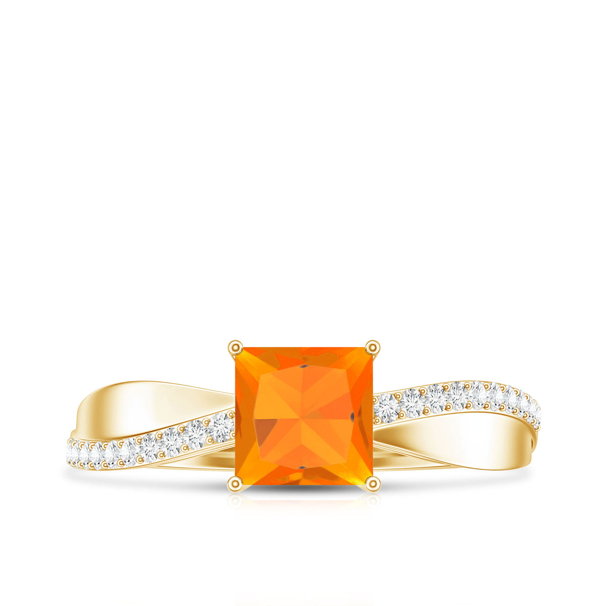 Princess Cut Fire Opal Solitaire Engagement Ring with Diamond AAA - Rosec Jewels