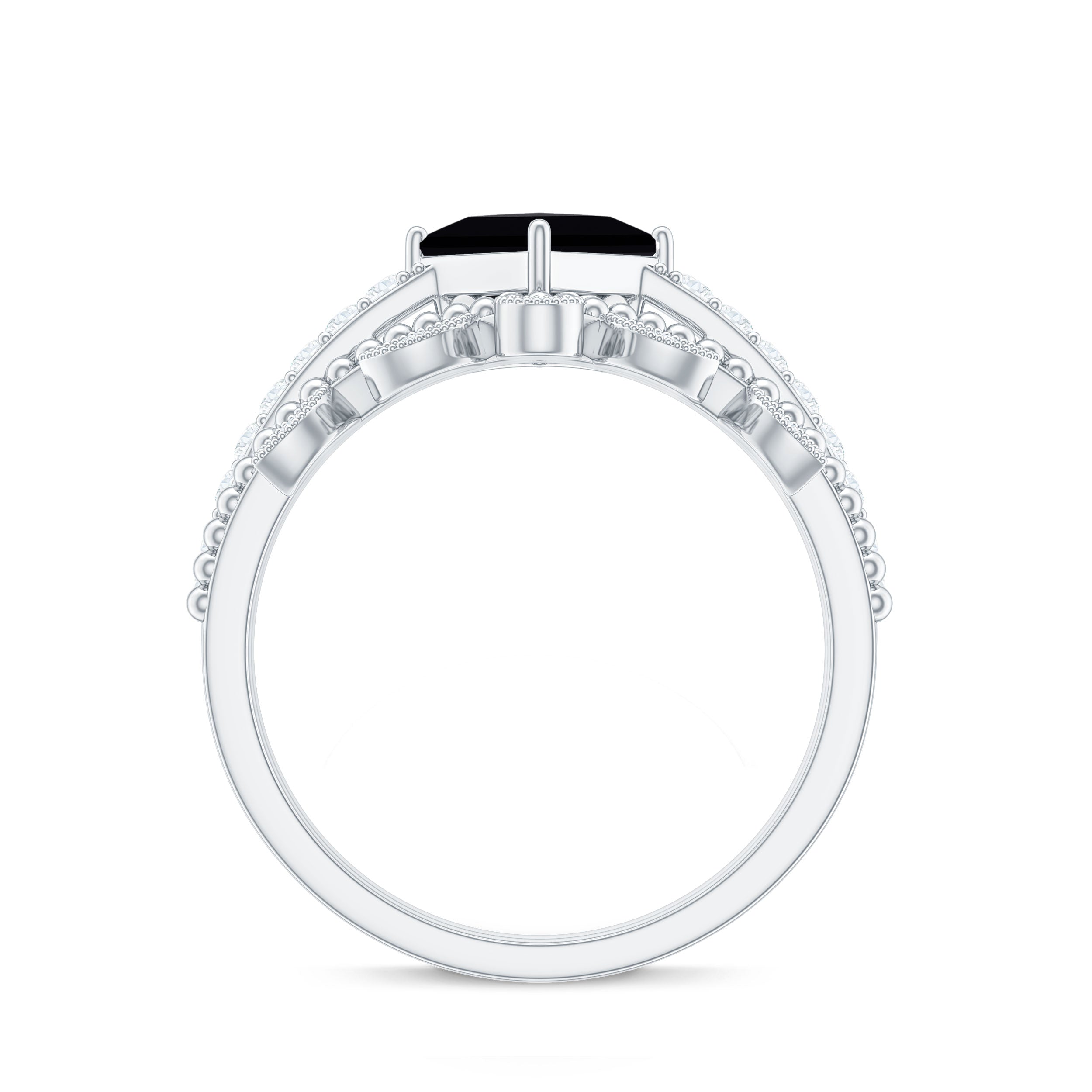 5mm Princess Cut Black Onyx Engagement Ring with Diamond Wedding Band AAA - Rosec Jewels