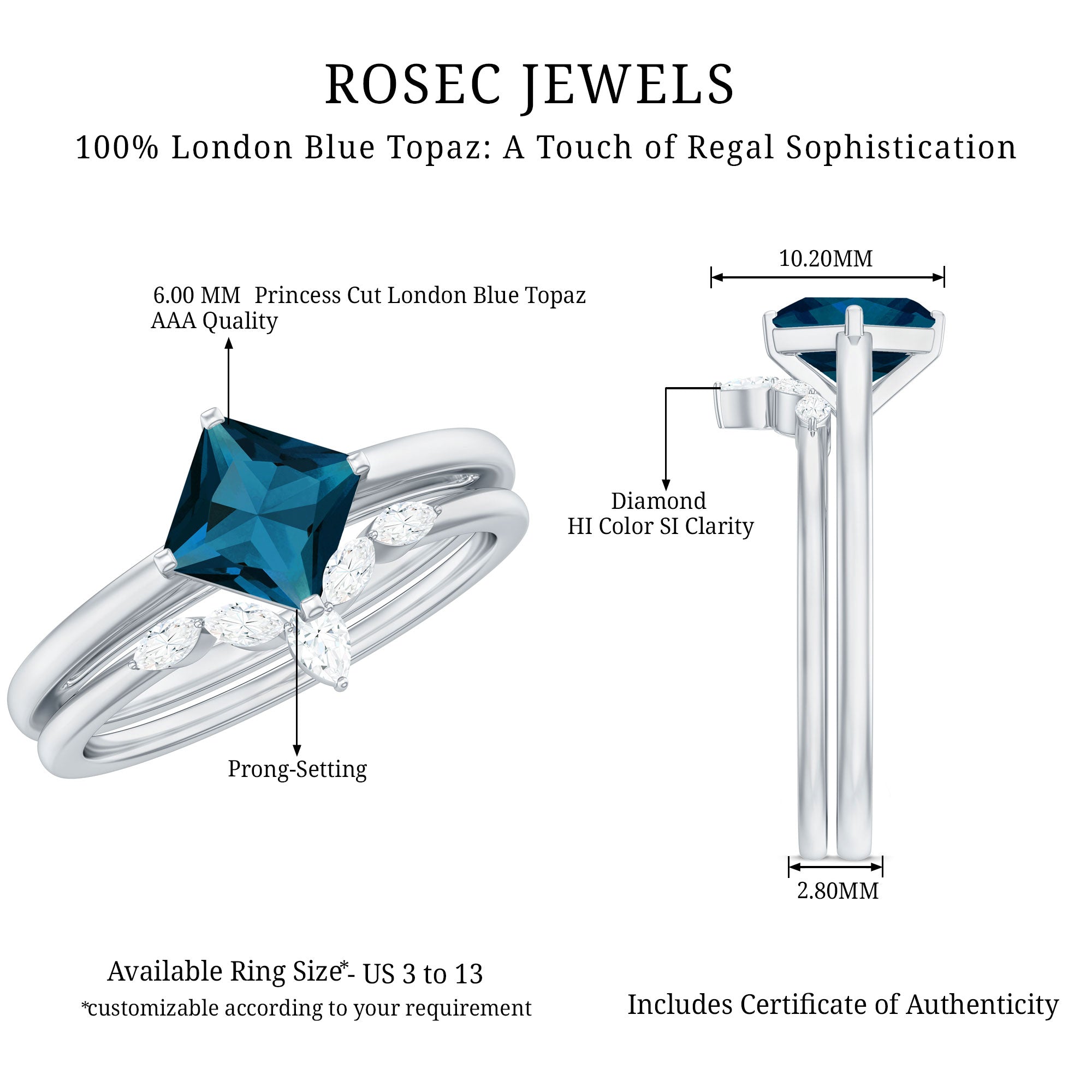 Princess Cut London Blue Topaz Designer Wedding Ring Set for Women AAA - Rosec Jewels