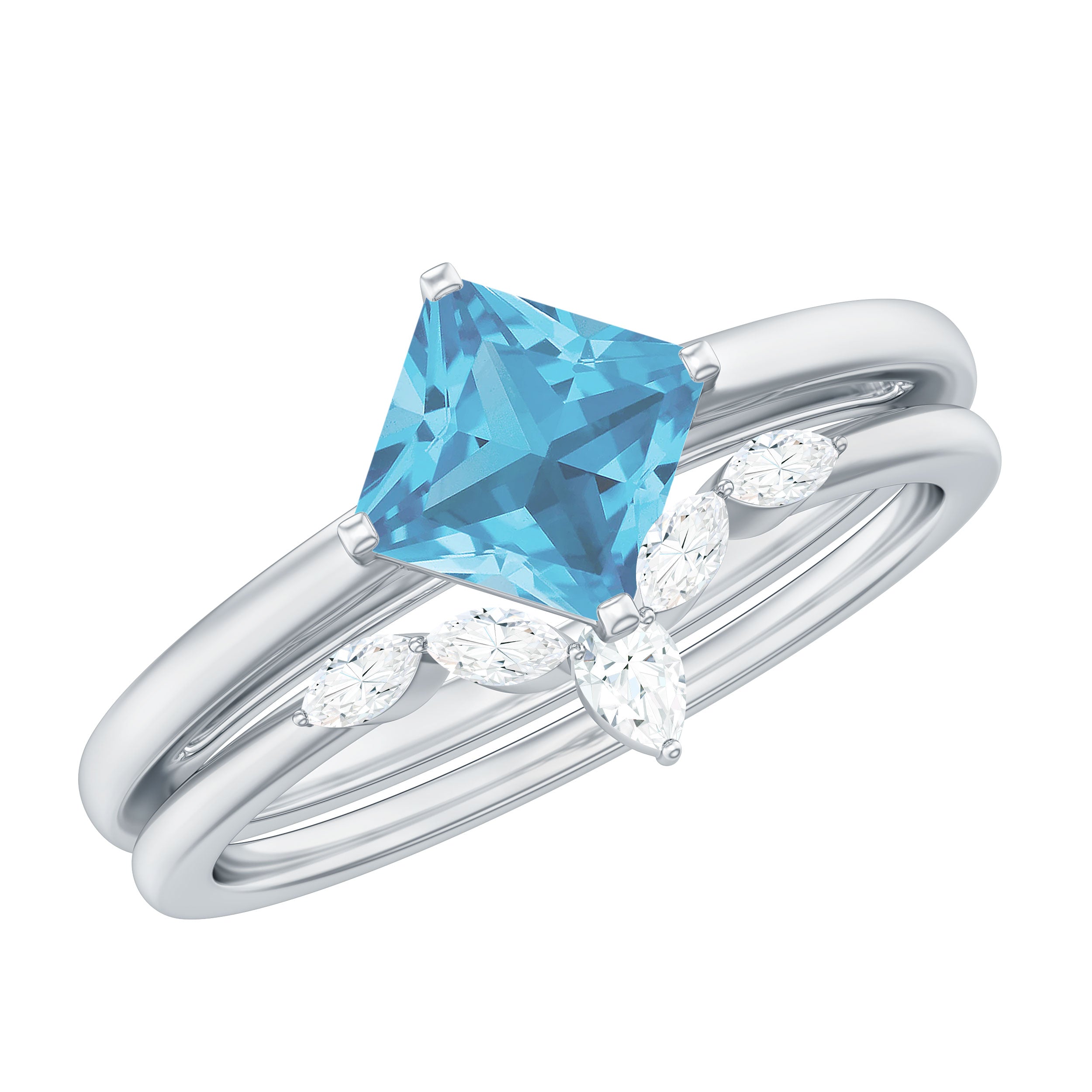 Princess Cut Swiss Blue Topaz Solitaire Ring Set with Diamond