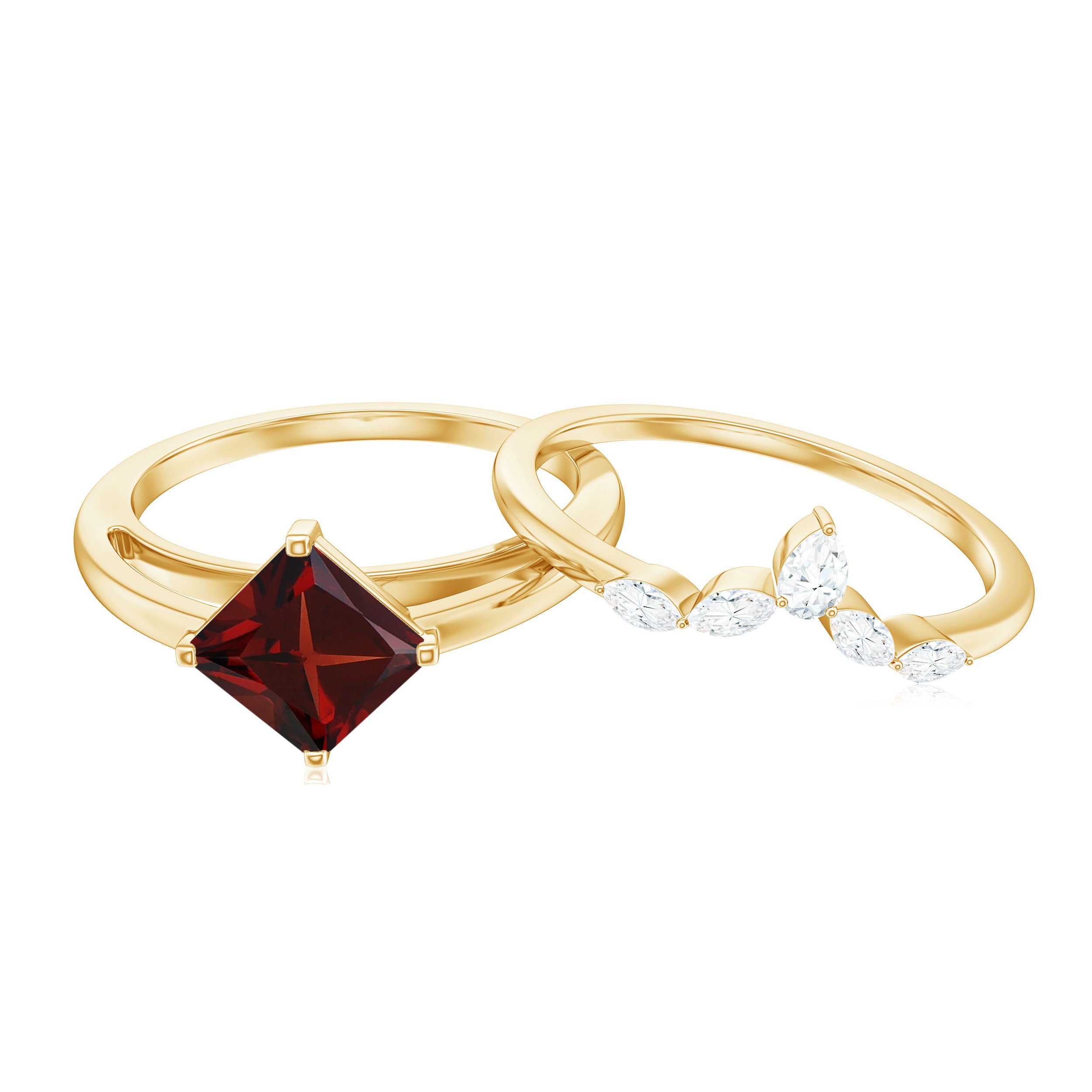 6MM Princess Cut Garnet Solitaire Bridal Ring Set with Diamonds AAA - Rosec Jewels