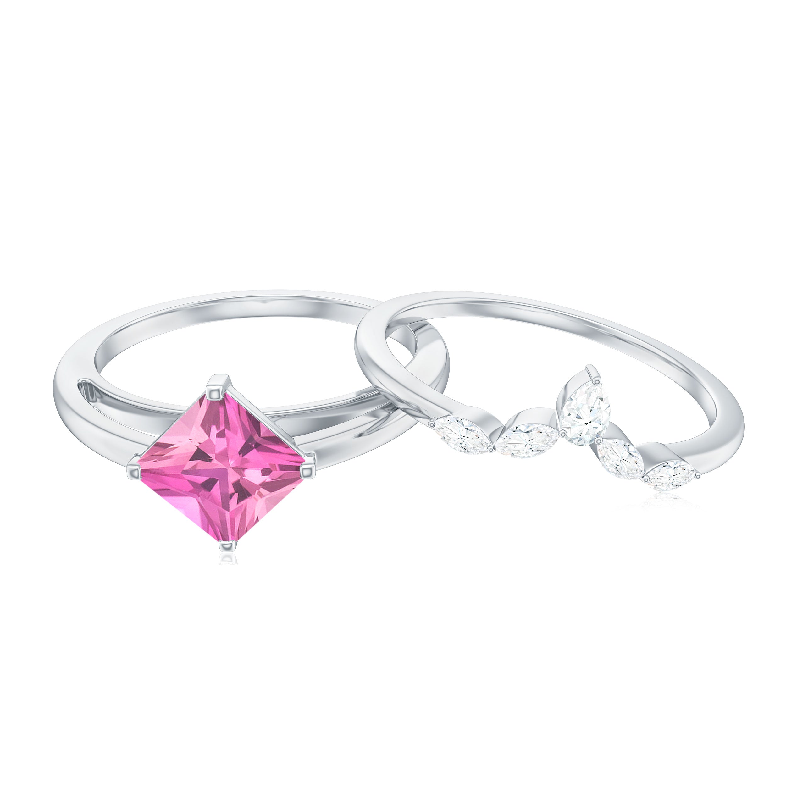 Princess Cut Pink Tourmaline Solitaire Ring Set with Diamond AAA - Rosec Jewels
