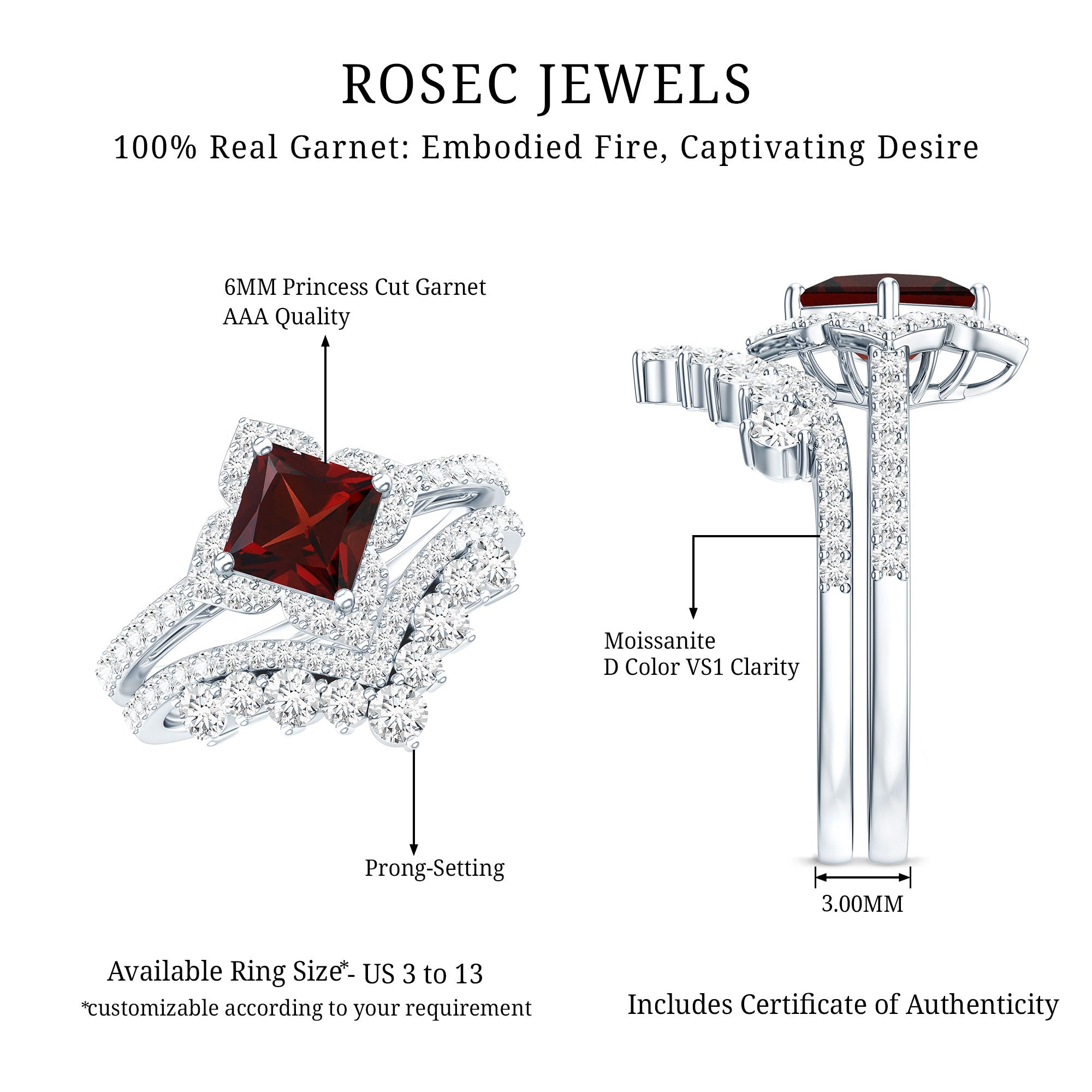 Princess Cut Garnet Designer Wedding Ring Set with Moissanite AAA - Rosec Jewels