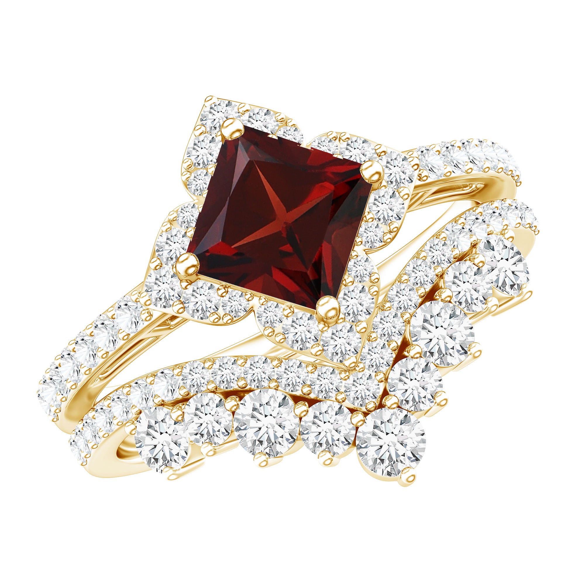Princess Cut Garnet Designer Wedding Ring Set with Moissanite AAA - Rosec Jewels