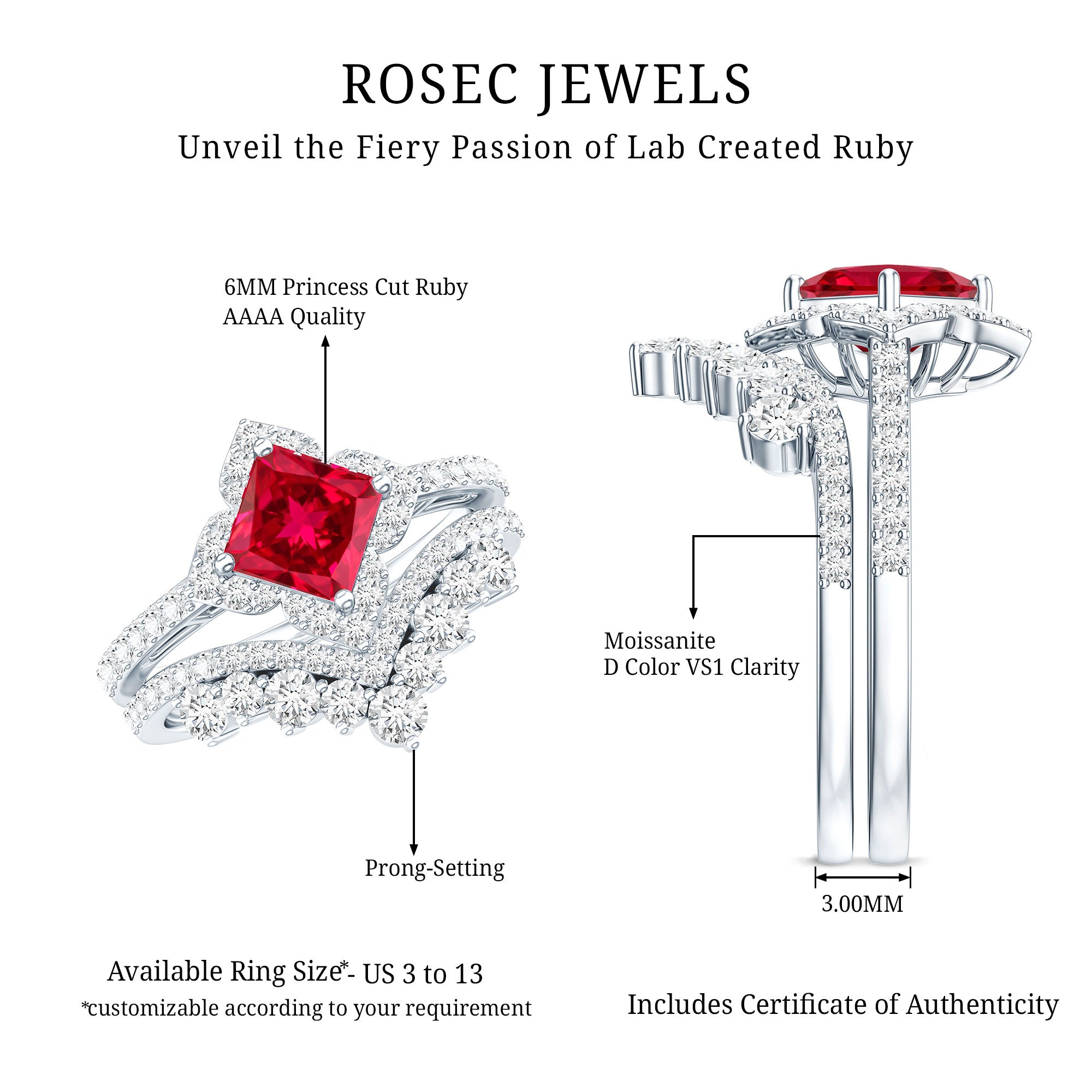 3.25 CT Designer Created Ruby and Moissanite Wedding Ring Set AAAA - Rosec Jewels