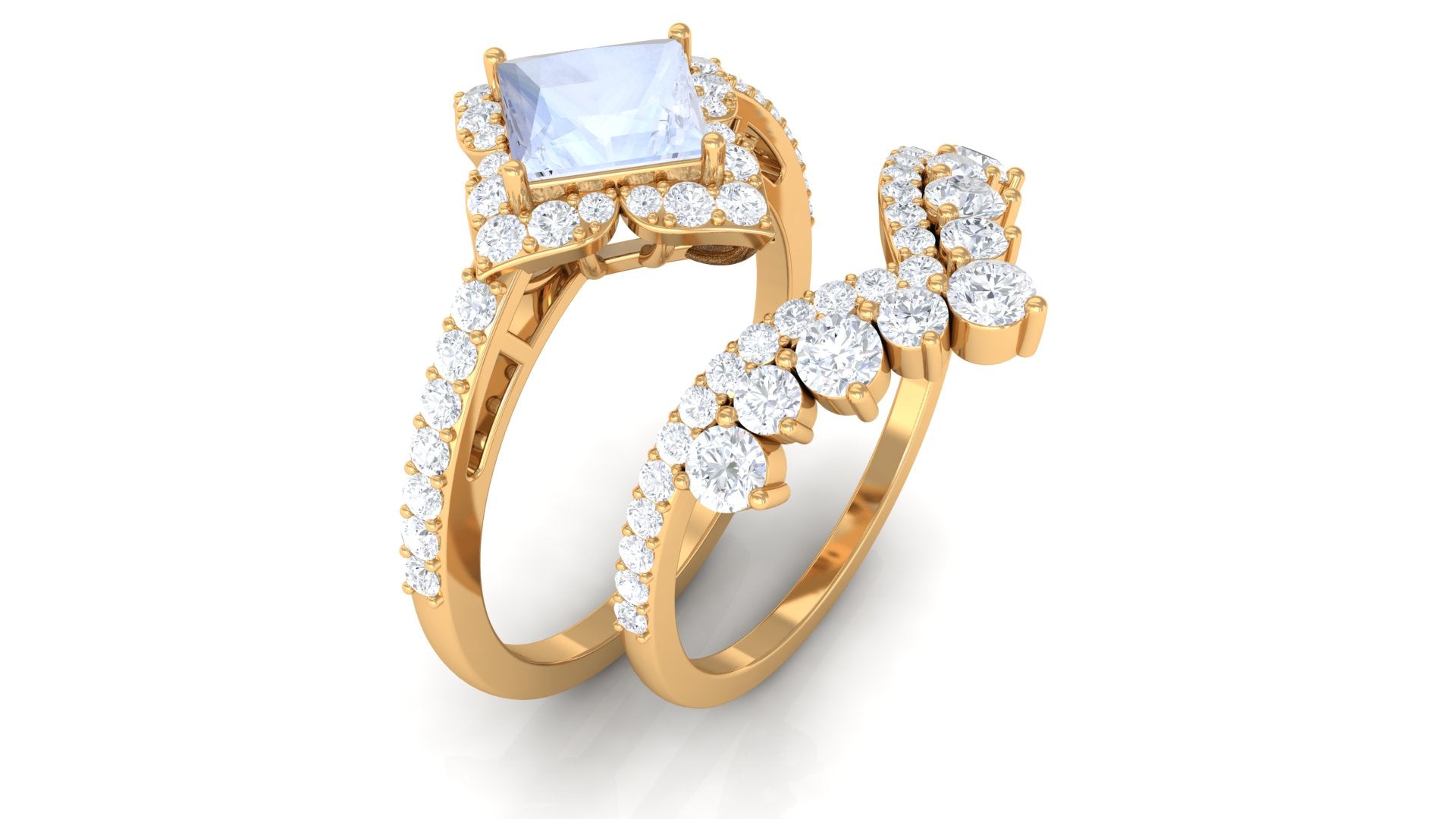 Moonstone and Moissanite Statement Wedding Ring Set AAA - Rosec Jewels