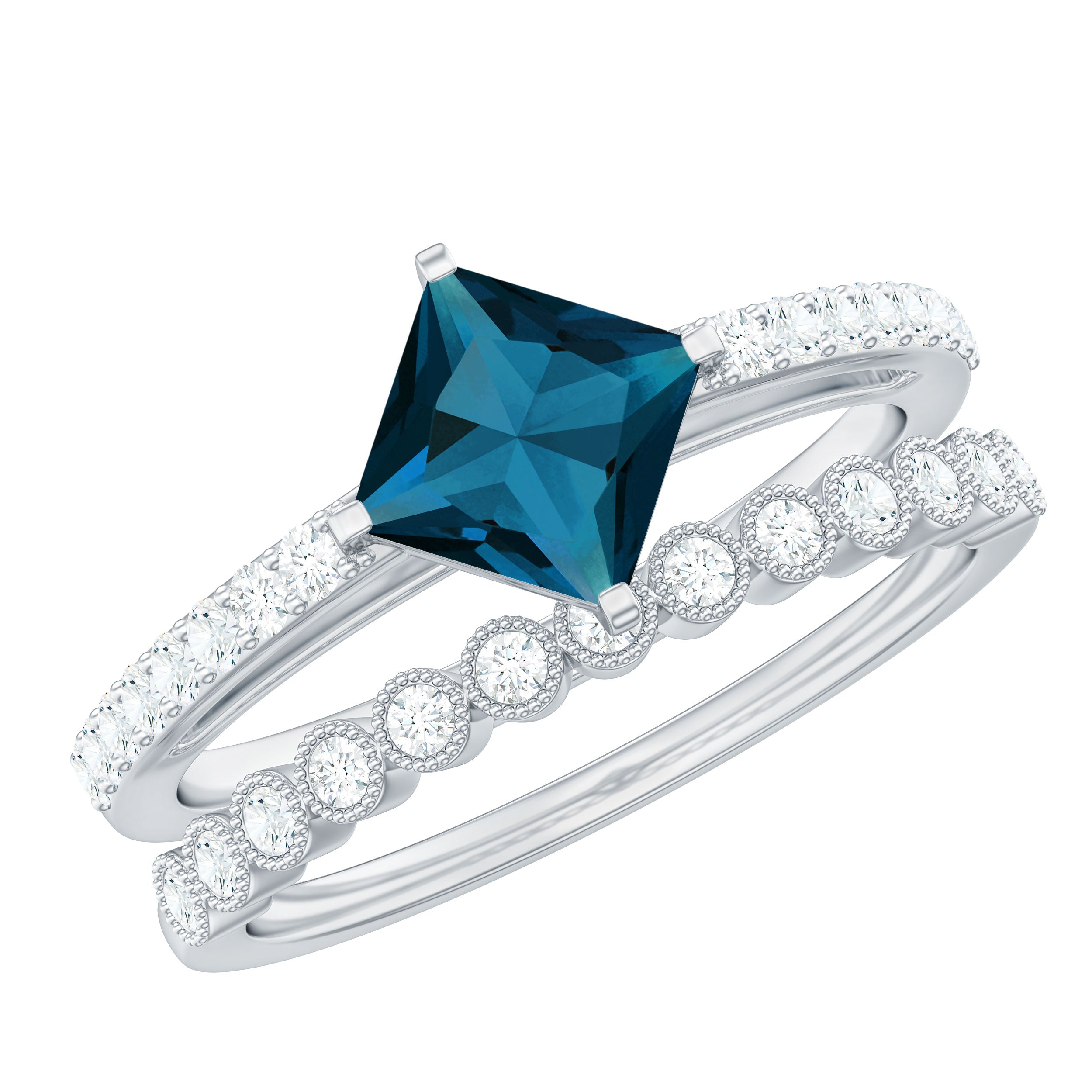 Genuine London Blue Topaz Designer Engagement Ring with Diamond Wedding Band AAA - Rosec Jewels