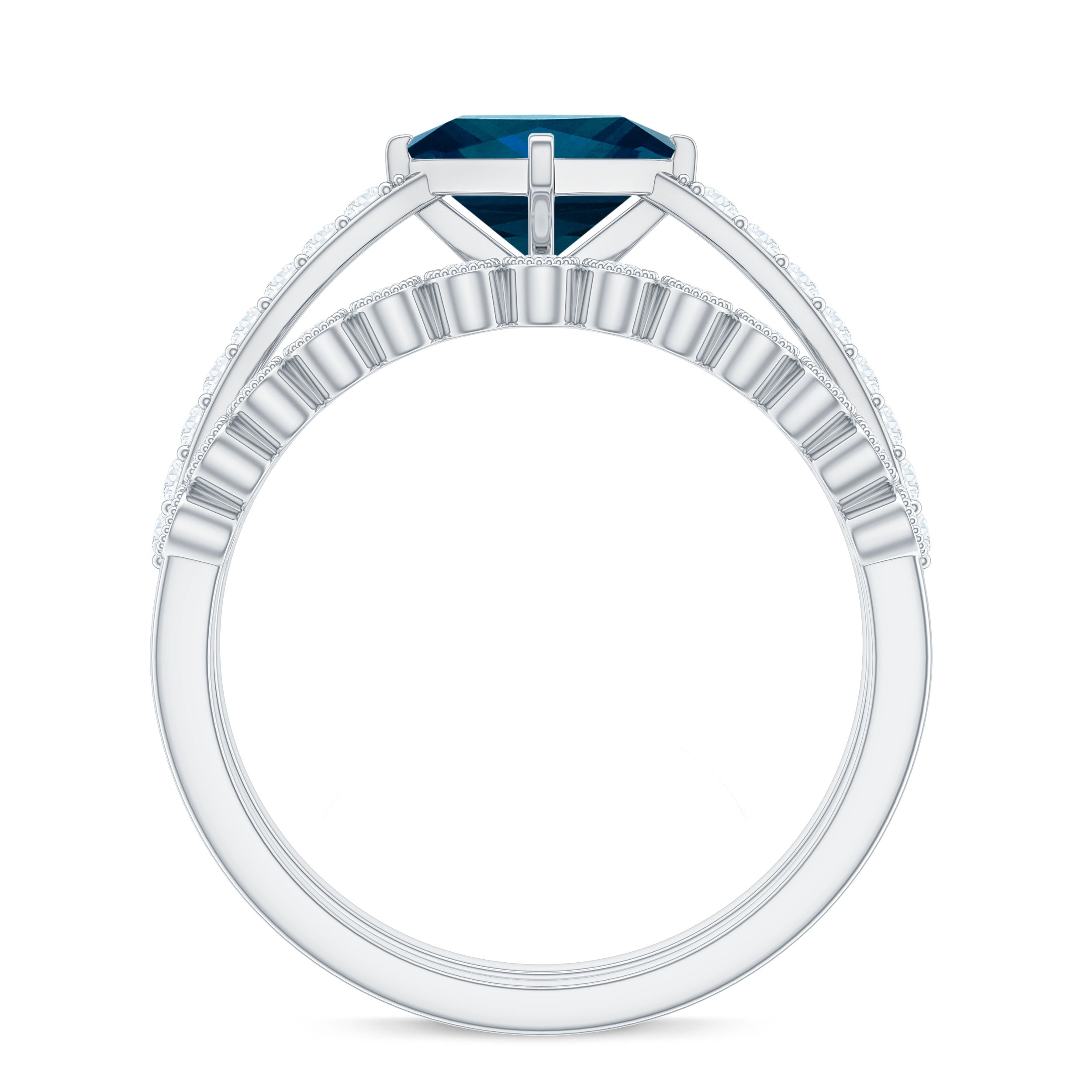 Genuine London Blue Topaz Designer Engagement Ring with Diamond Wedding Band AAA - Rosec Jewels