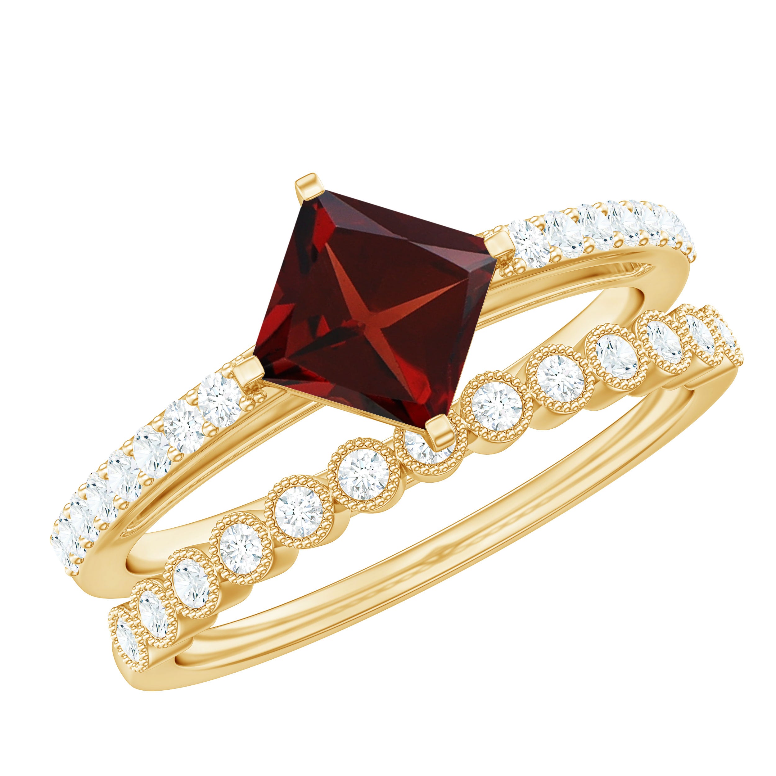 Princess Cut Garnet and Diamond Wedding Ring Set for Women AAA - Rosec Jewels