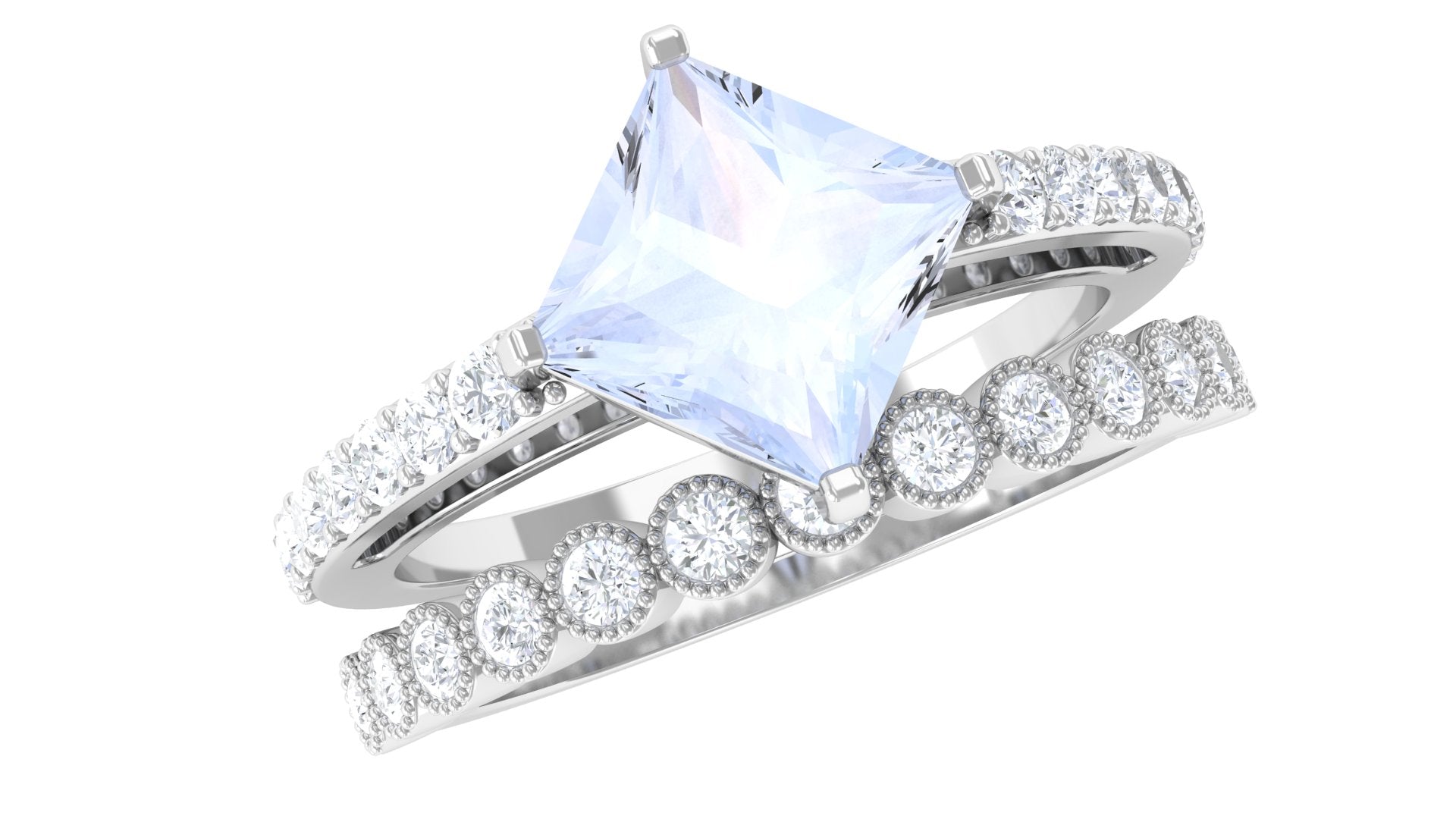 Solitaire Moonstone and Diamond Ring Set AAA - Rosec Jewels