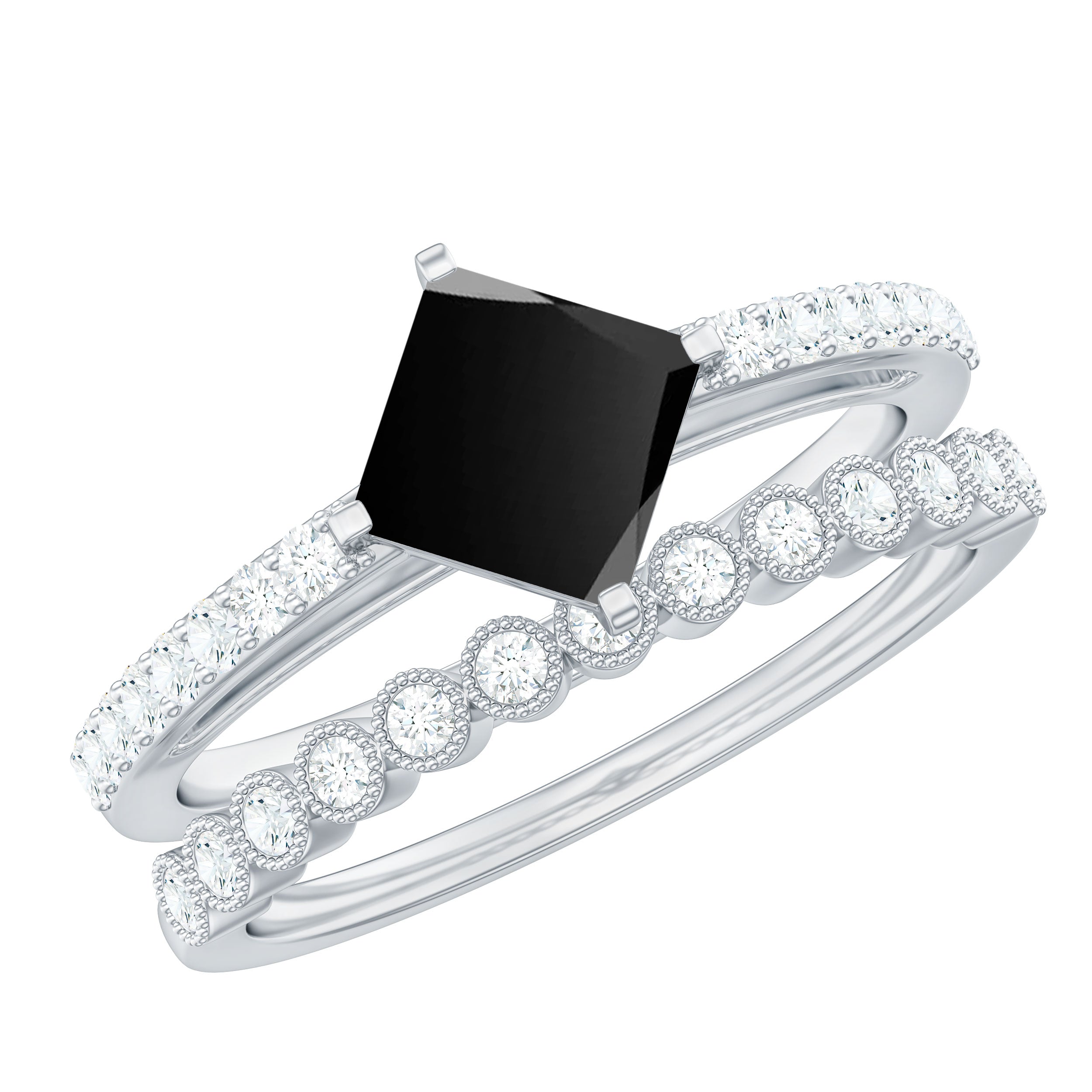 5mm Princess Cut Black Onyx Wedding Rings Set with Diamond Band AAA - Rosec Jewels