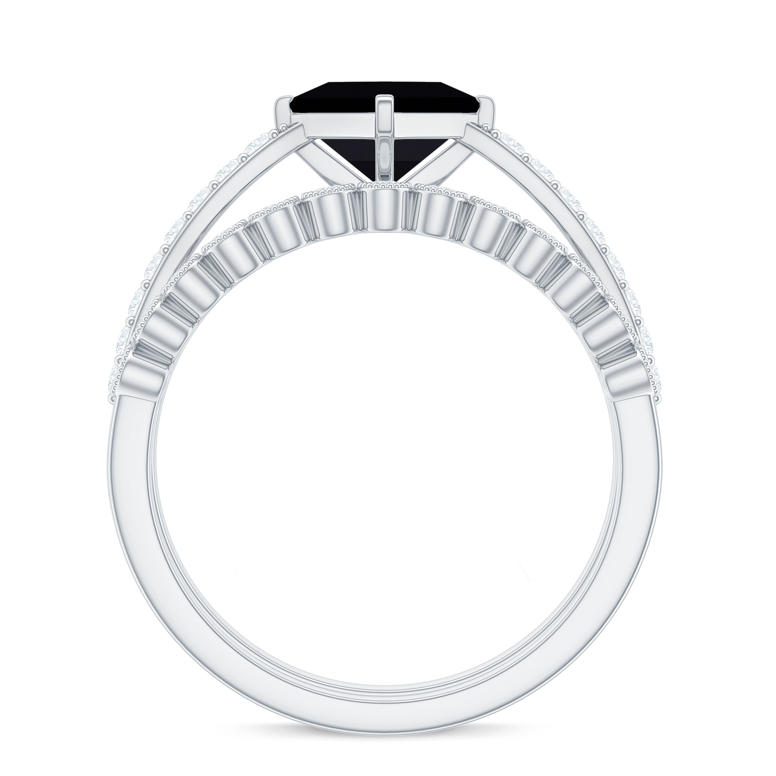 5mm Princess Cut Black Onyx Wedding Rings Set with Diamond Band AAA - Rosec Jewels