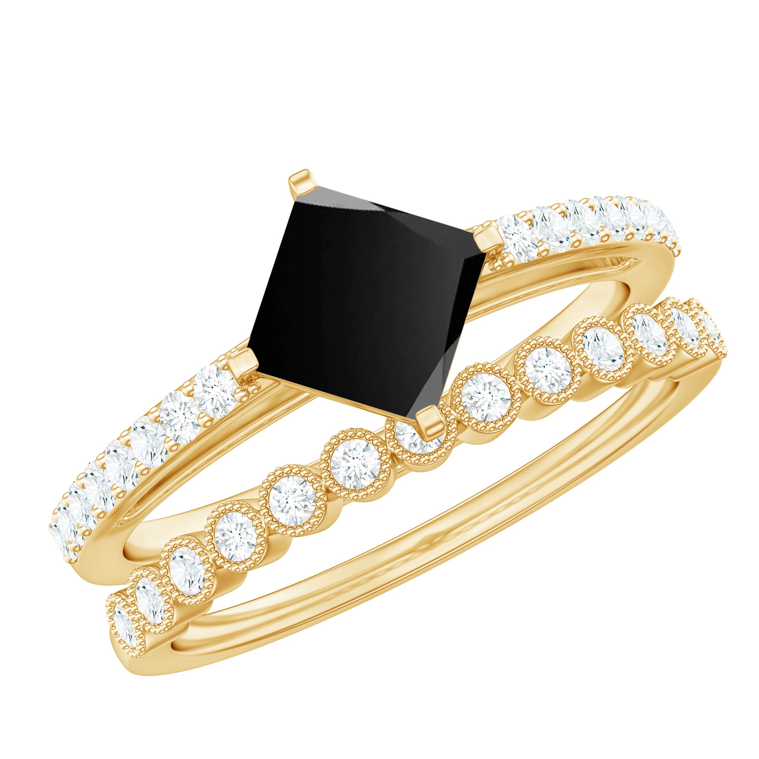 5mm Princess Cut Black Onyx Wedding Rings Set with Diamond Band AAA - Rosec Jewels