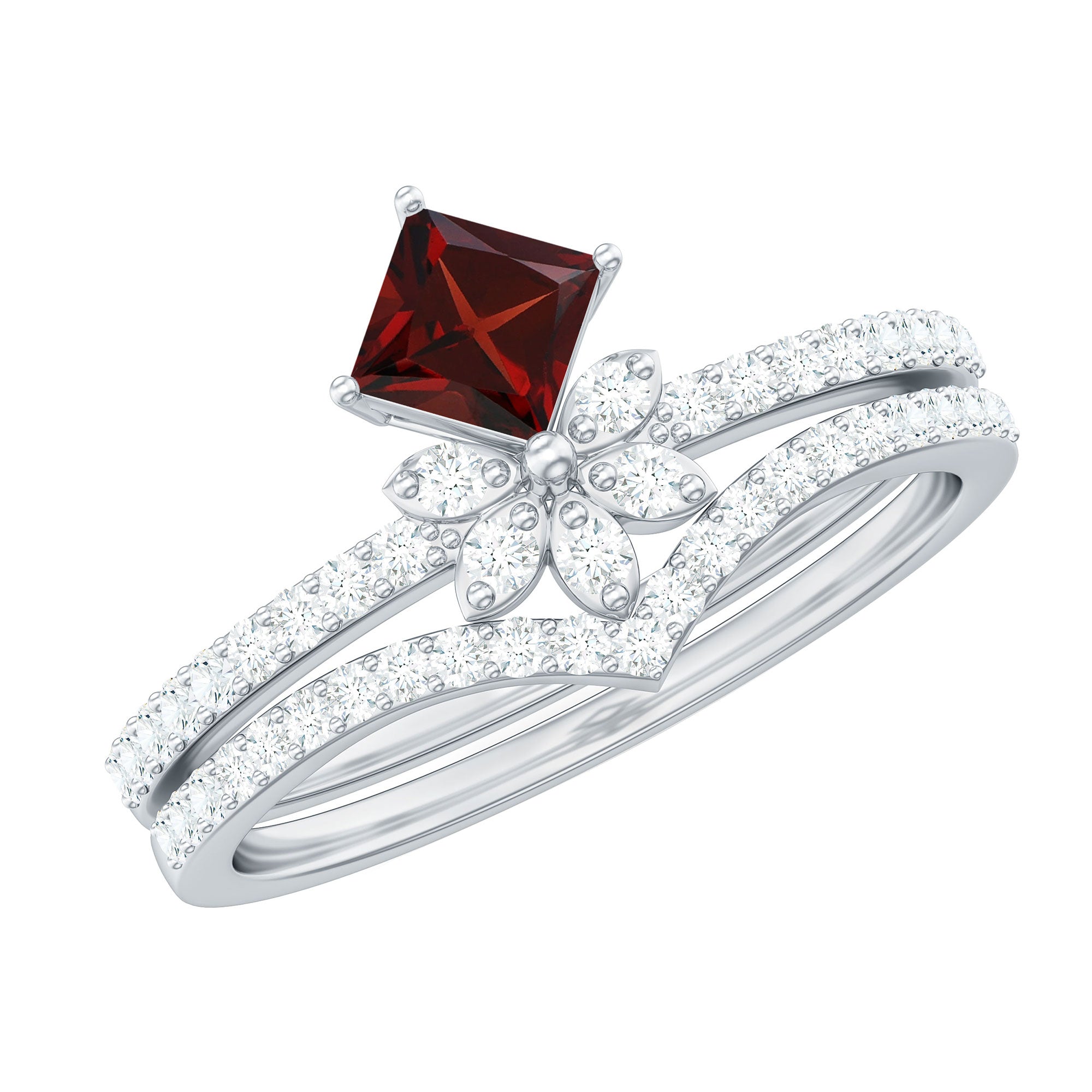 Natural Garnet Diamond Flower Engagement Ring Wedding Band Set