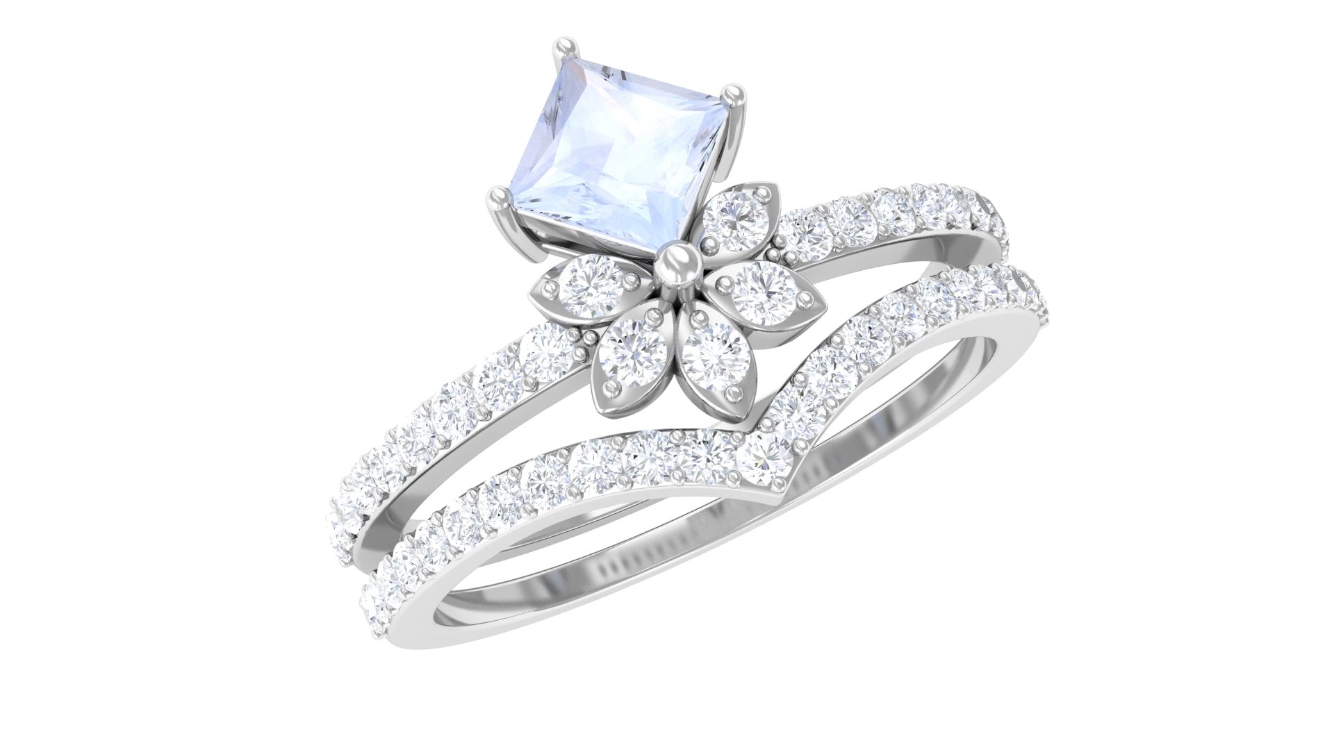 Princess Cut Moonstone and Diamond Flower Ring Set AAA - Rosec Jewels