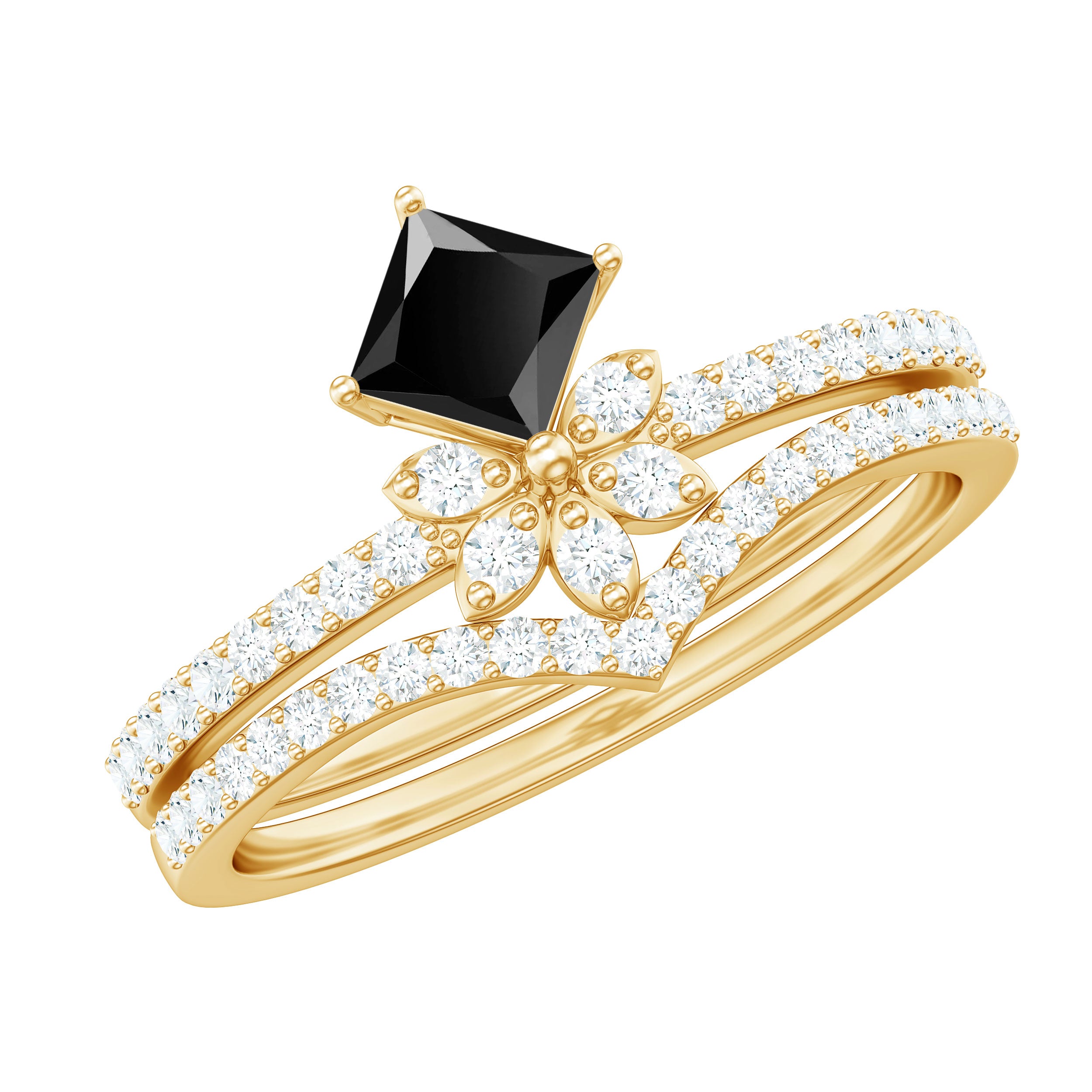 5mm Princess Cut Black Onyx Floral Rings Set with Diamond Band AAA - Rosec Jewels