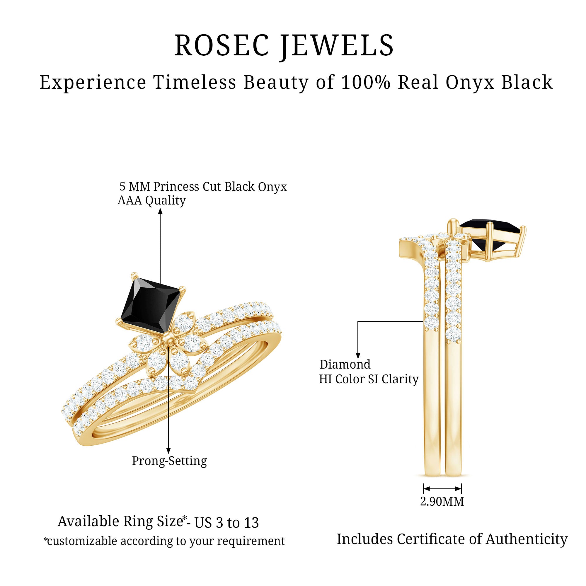 5mm Princess Cut Black Onyx Floral Rings Set with Diamond Band AAA - Rosec Jewels